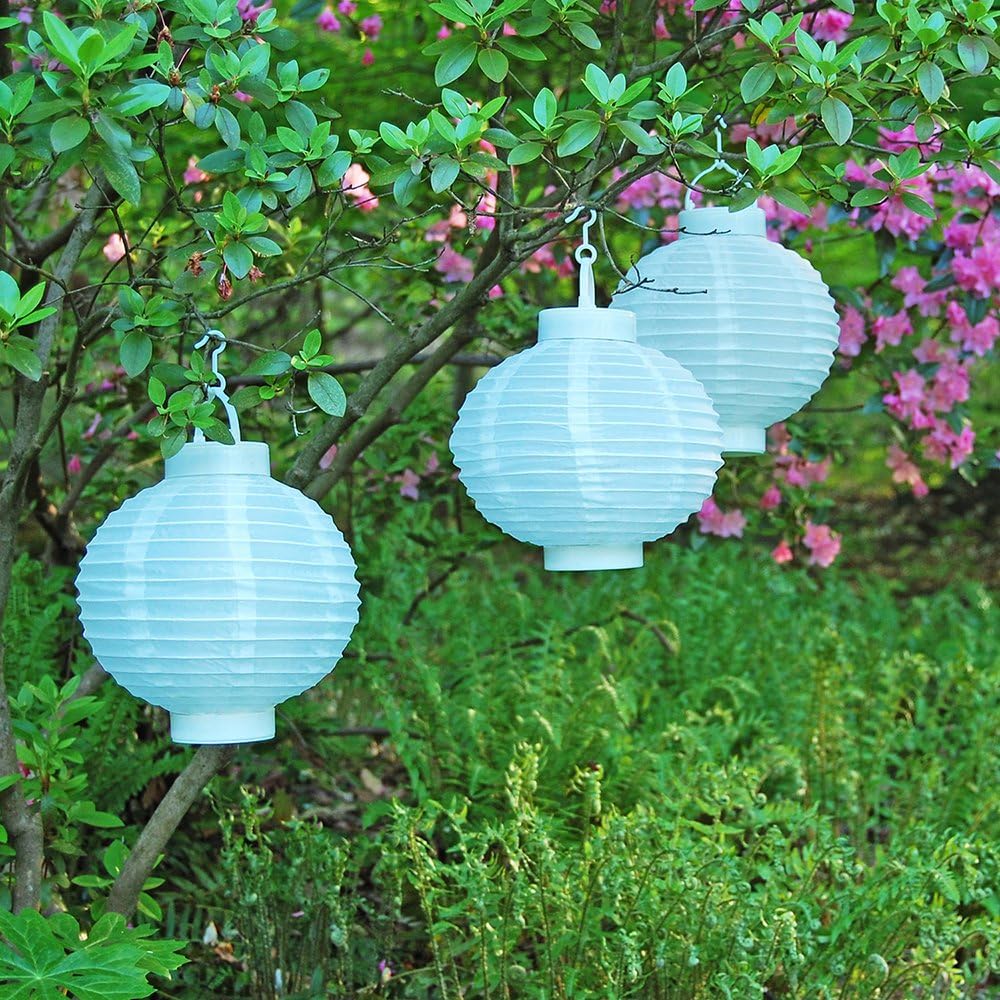 LumaBase Faroles de nailon con energía solar, color blanco, juego de 3