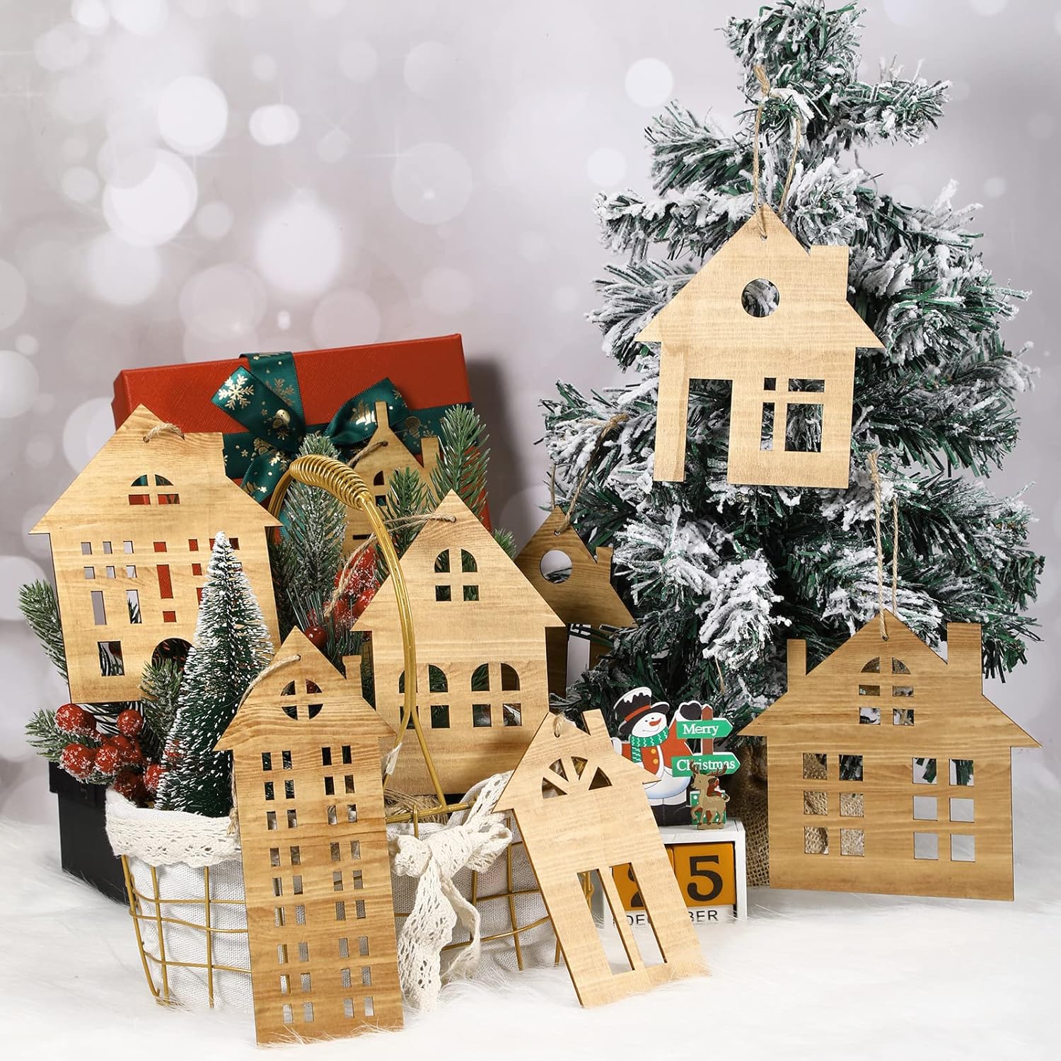 Unittype 18 adornos de madera de Navidad para el árbol de Navidad, adornos de madera en forma de casa, adornos colgantes de madera de doble cara,