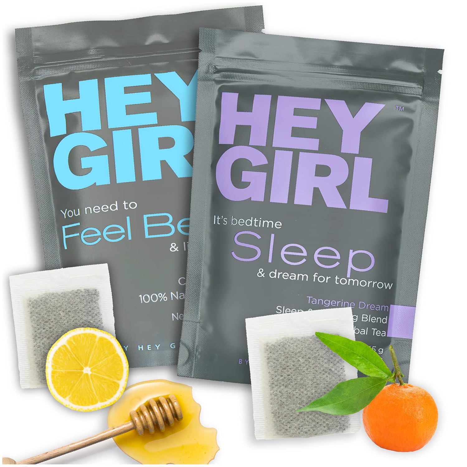 Hey Girl Sleep + Feel Better Tea Bundle – Té para dormir con manzanilla, raíz de valeriana y bálsamo de limón en bolsas de té + té de hierbas Feel