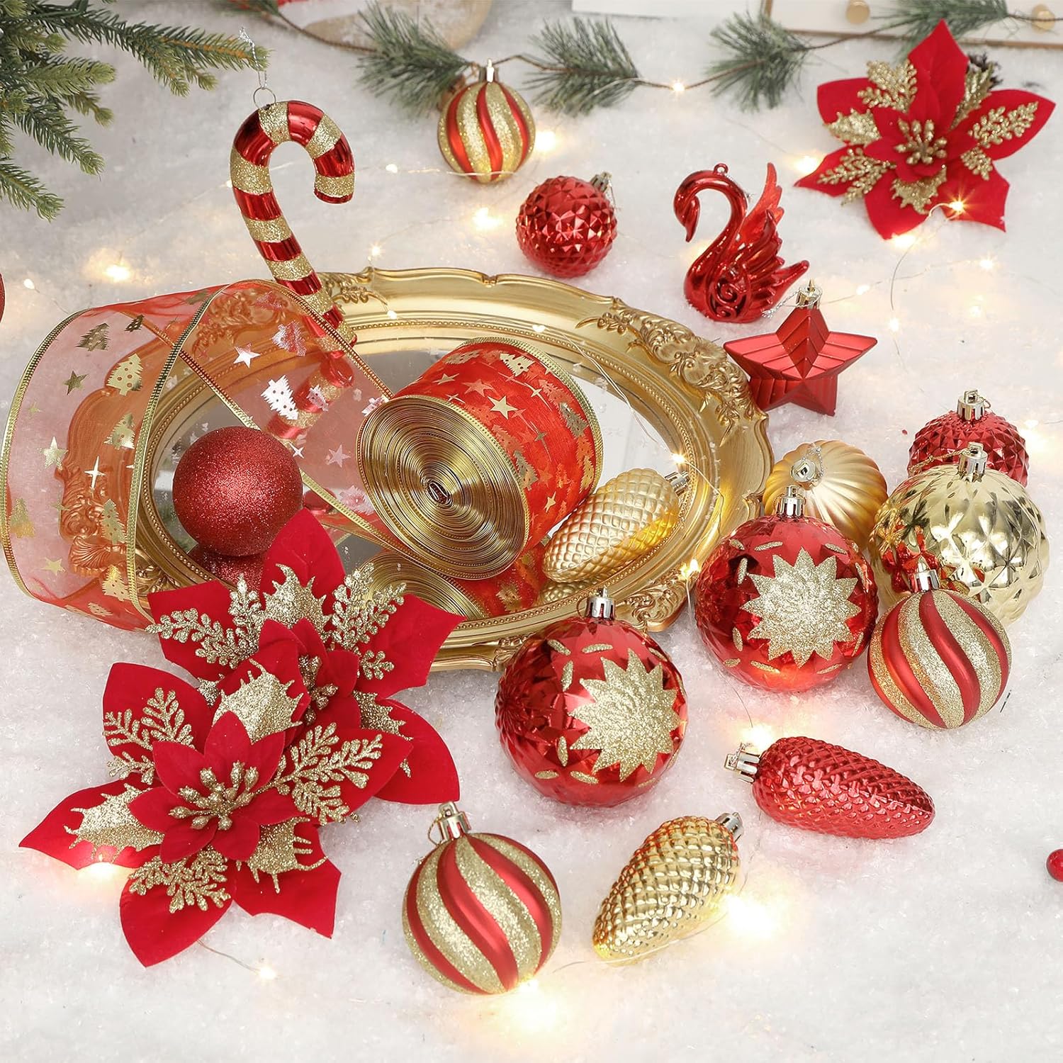 Alupssuc Juego de 128 adornos de bolas de Navidad, bolas de plástico inastillables, flores de Navidad, cinta y adorno para árbol de Navidad,