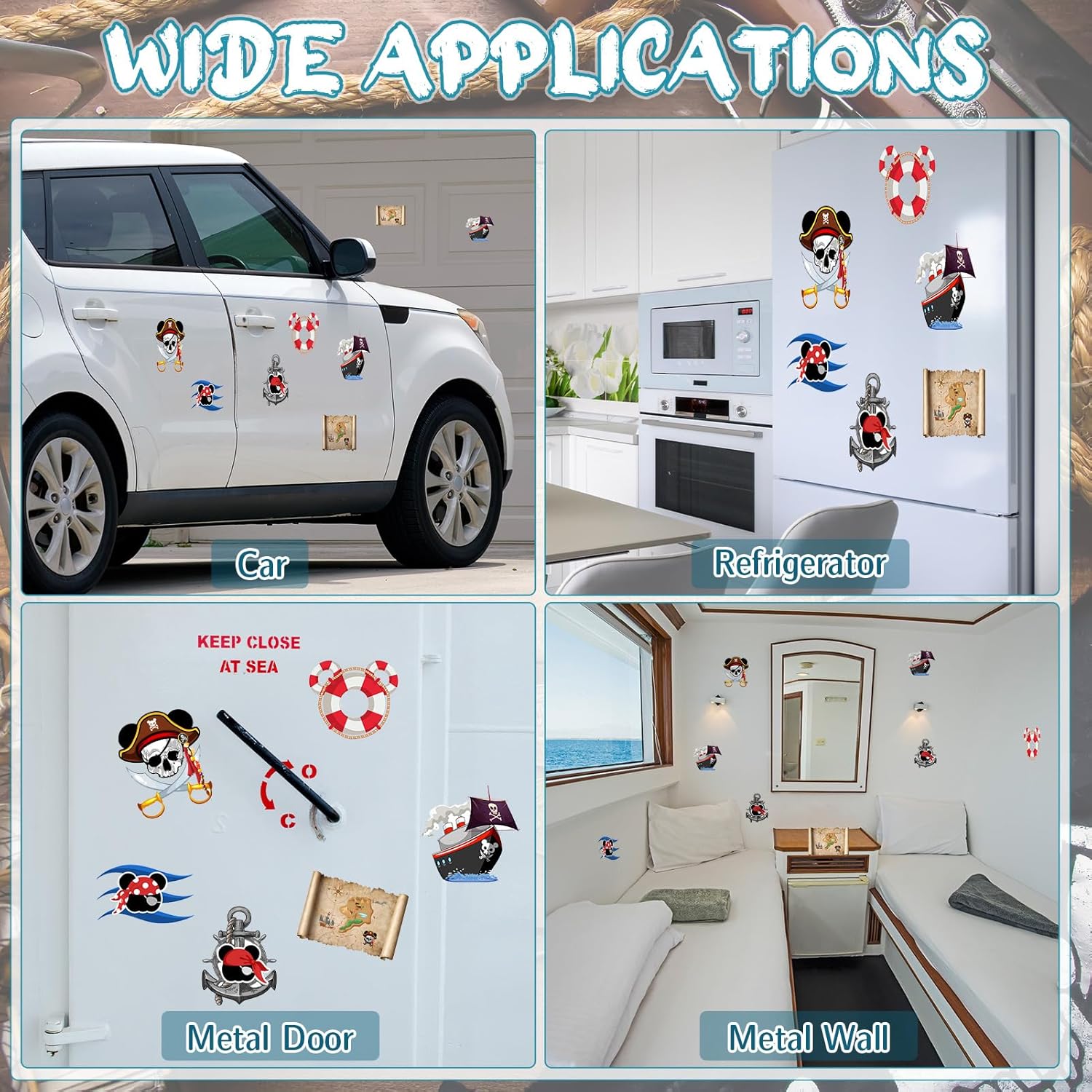 12 calcomanías magnéticas para puerta de crucero, capitán pirata, ratón, navegación marina, automóvil, crucero, puerta, decoración de ancla,