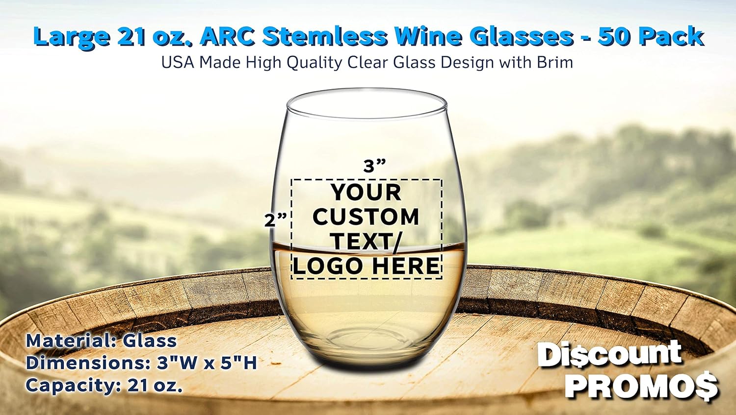 DISCOUNT PROMOS 50 ARC – Juego de copas de vino sin tallo, 21 onzas, texto personalizable, logotipo, Chardonnay, Cabernet, Merlot, Sauvignon,