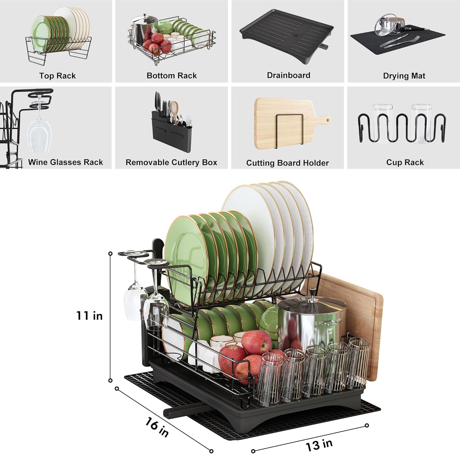 Qienrrae – Escurridor grande para platos, de acero inoxidable, con 2 niveles y drenaje para la encimera de la cocina, tiene soporte para copas de