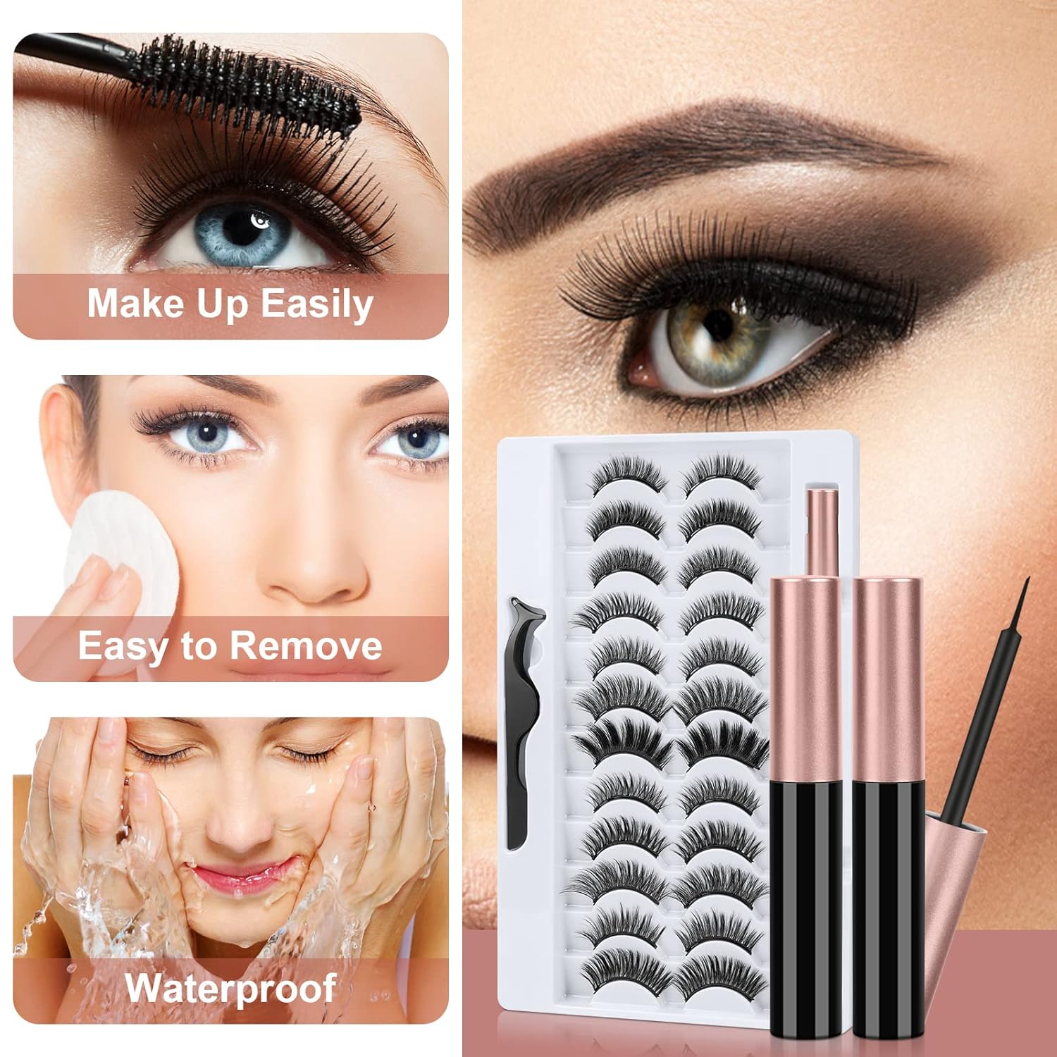 Kit de racimos de pestañas, 12 pares de pestañas postizas magnéticas reutilizables con 2 tubos, impermeable, delineador de ojos y pinzas, kit de