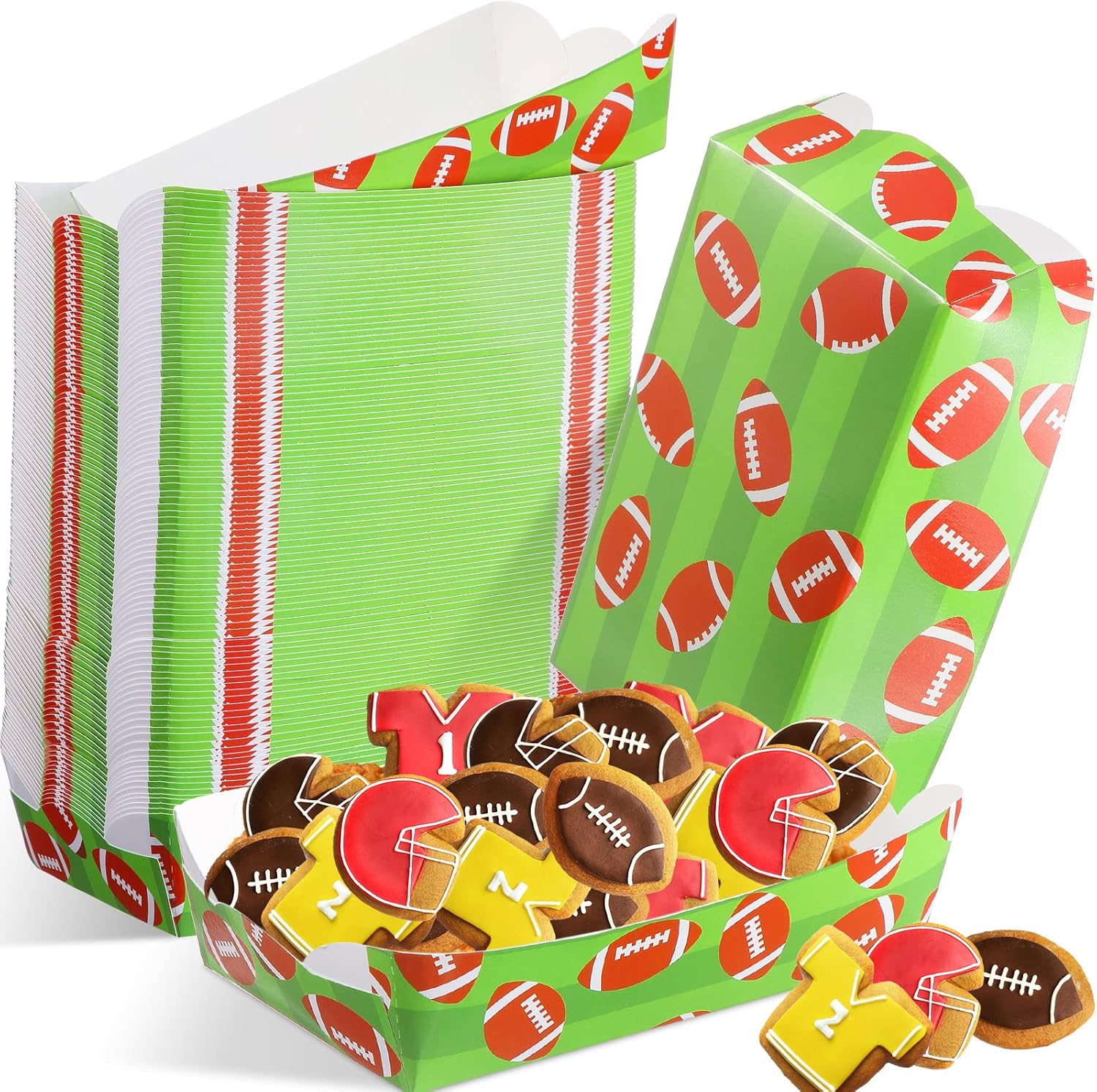100 bandejas de papel de fútbol para alimentos, bandejas para nachos, cuencos de papel de fútbol para fiestas, suministros de fiesta de fútbol,
