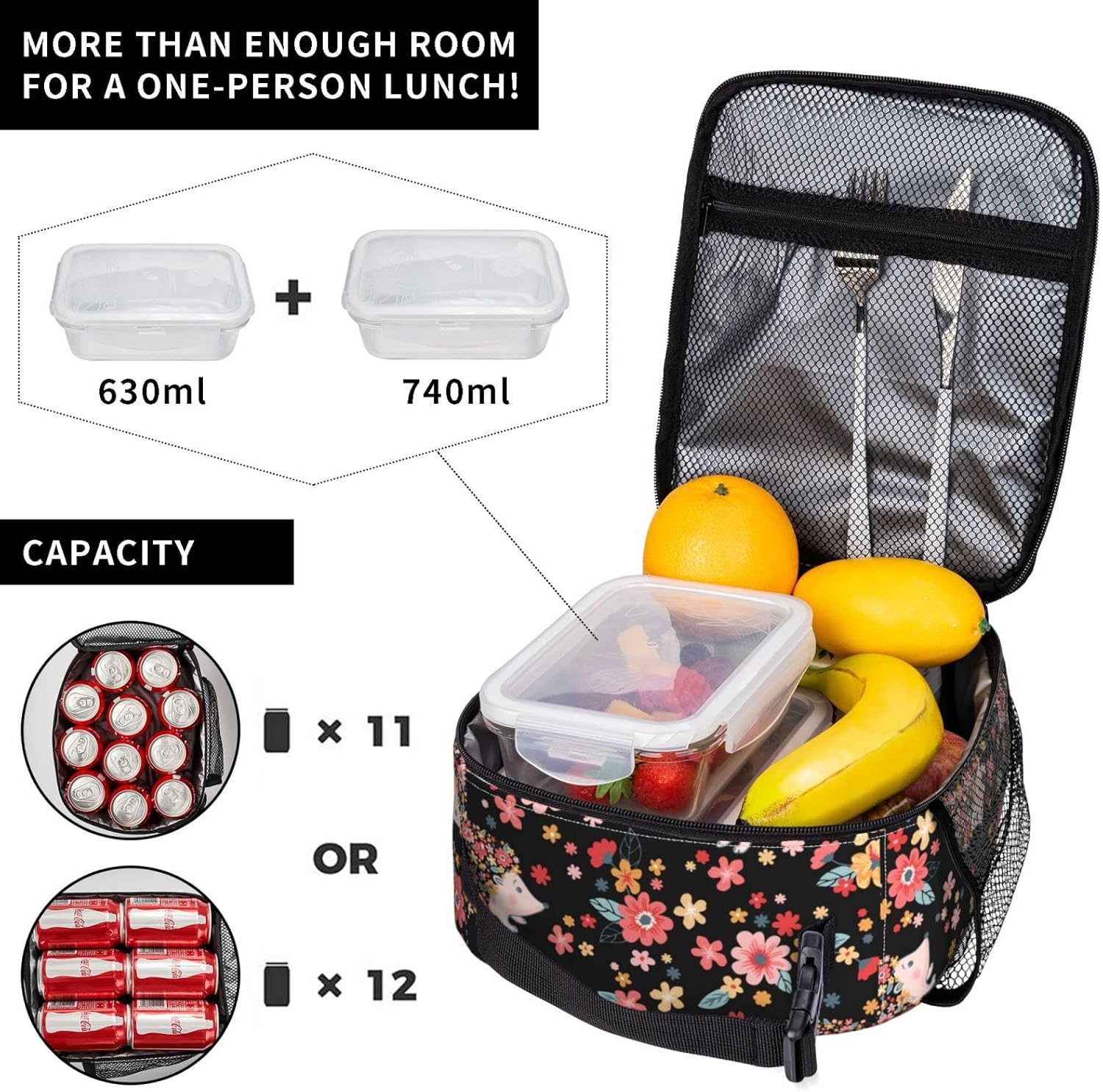 Bolsa de almuerzo con diseño de flores y erizos lindos, bolsa de comida aislada, contenedor de alimentos para la escuela, trabajo, picnic, viajes