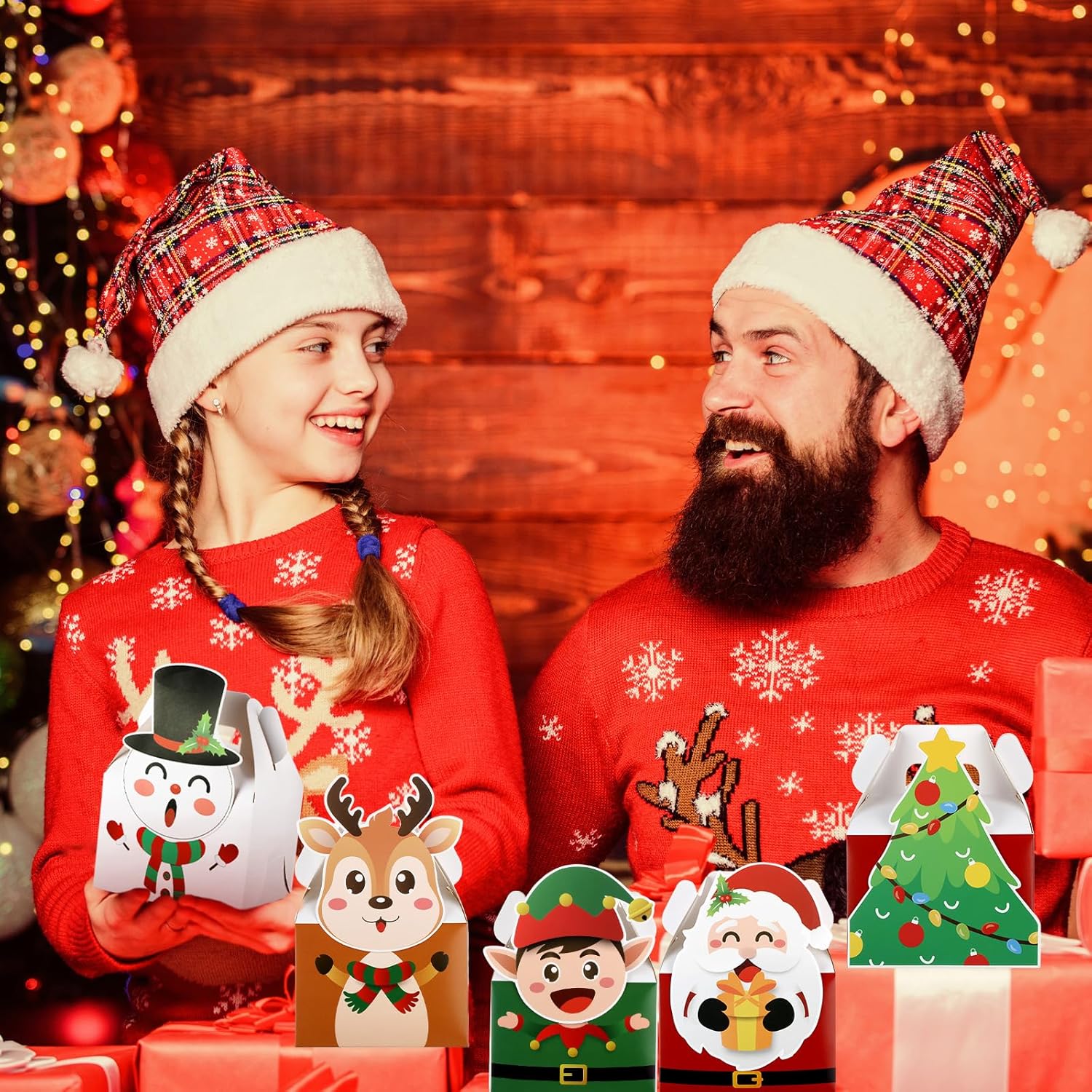 Cholemy 24 cajas de regalo de Navidad 3D de cartón a dos aguas plegables de Navidad con asas, Papá Noel, muñeco de nieve, reno, elfo, alce,