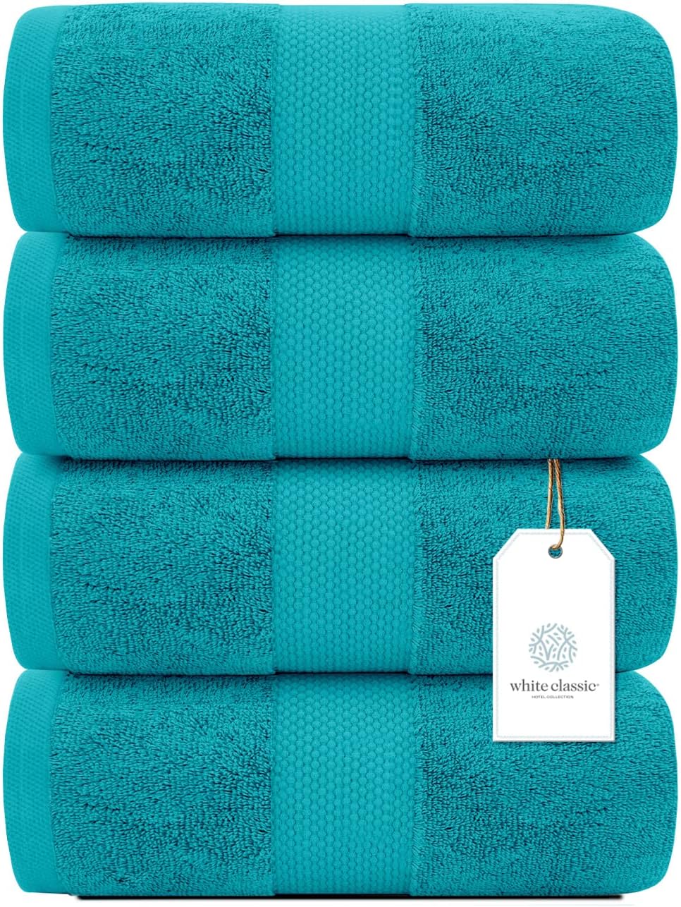 White Classic Juego de 4 toallas de baño de lujo de algodón ultra suaves de 27 x 54 pulgadas, altamente absorbentes y de secado rápido, toallas de