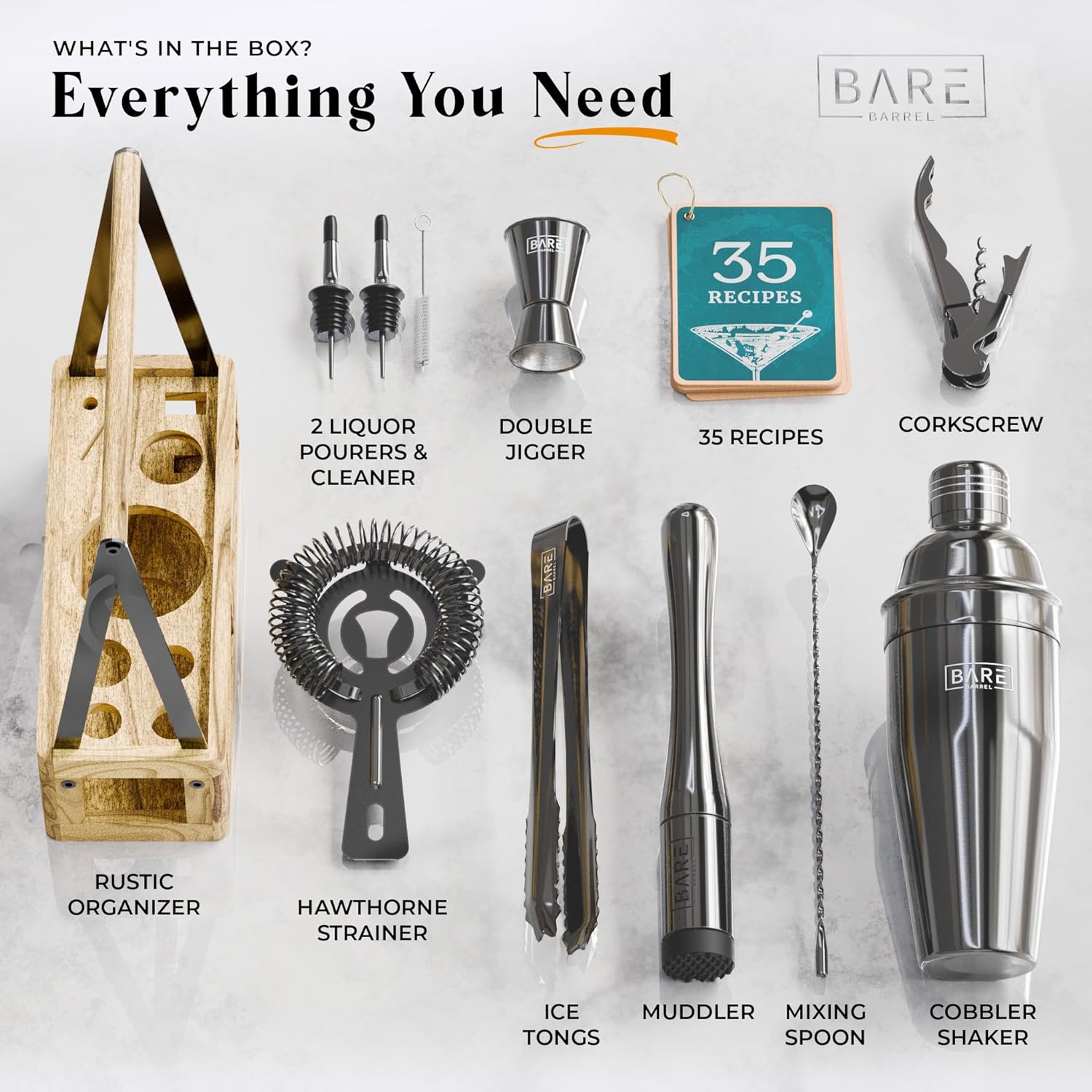 BARE BARREL Mixology Bartender Kit Bar Set  Juego de coctelera de Martini  Herramientas de mezcla de barware para el hogar  Carrito portátil rústico