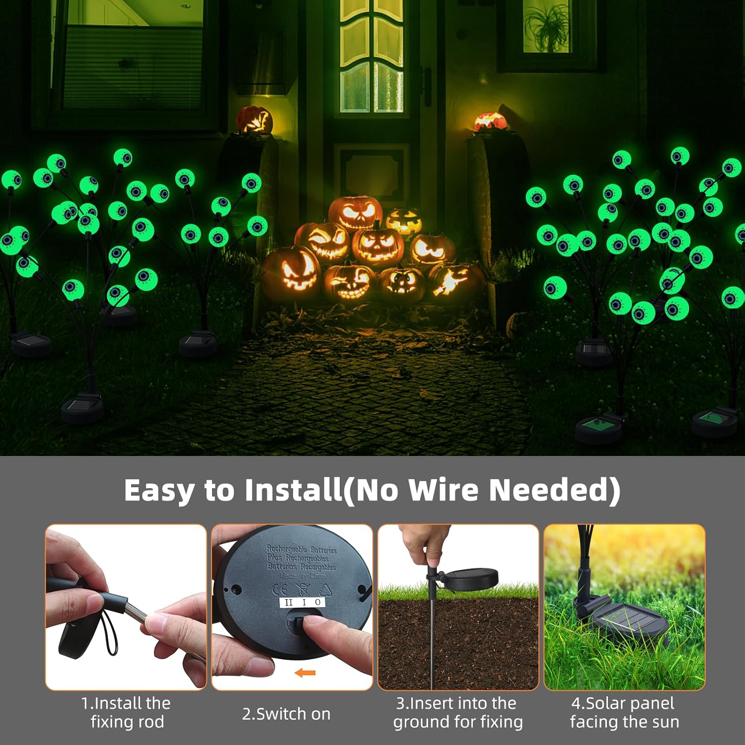 Luces solares de Halloween para exteriores, luces de ojos aterradoras, decoraciones de Acción de Gracias al aire libre, 2 paquetes de 16 luces LED