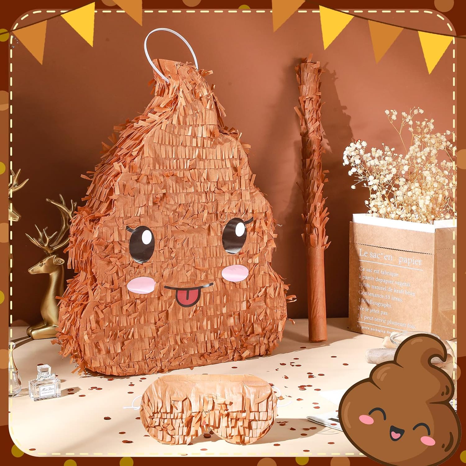 Paquete de piñata de caca de 16 pulgadas de alto, piñata emoticon con venda, murciélago y confeti para decoraciones de fiesta de cumpleaños,
