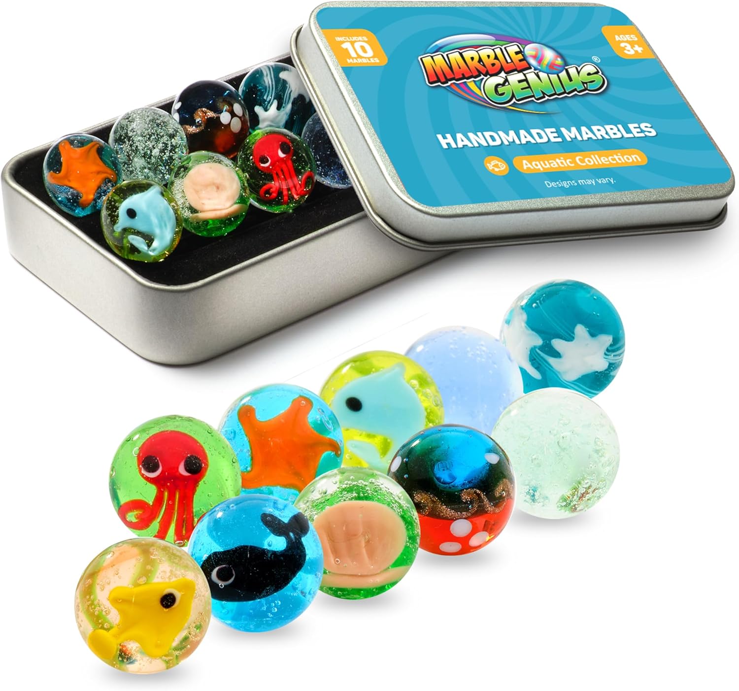 Marble Genius Canicas para coleccionistas, acuáticas, 0.630 in, 10 canicas de vidrio hechas a mano para amantes de los animales, rellenos de