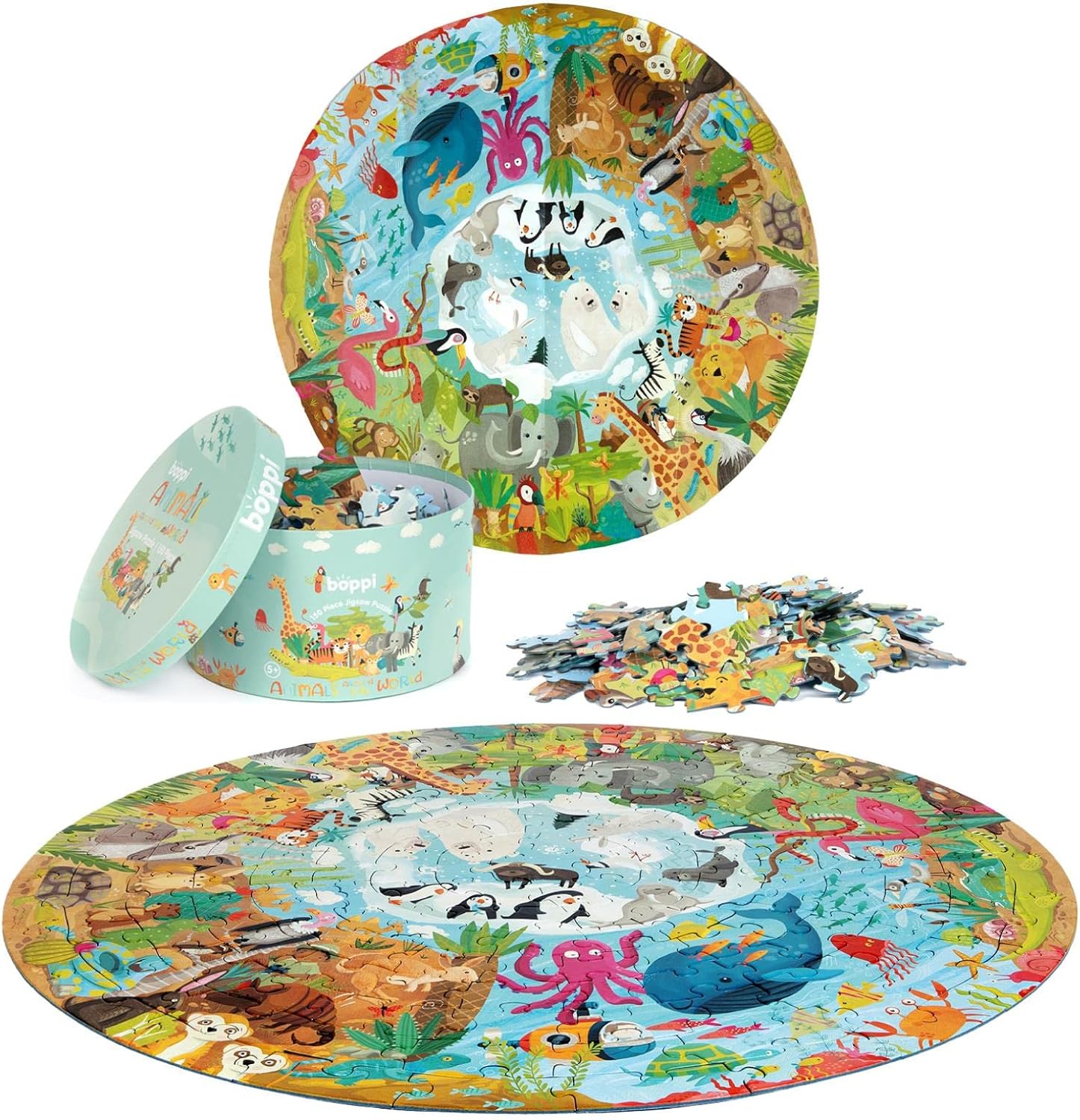 boppi Rompecabezas redondo de animales alrededor del mundo con tarjeta 100% reciclada, selva ártica, desierto, océano y bosque, 150 piezas para