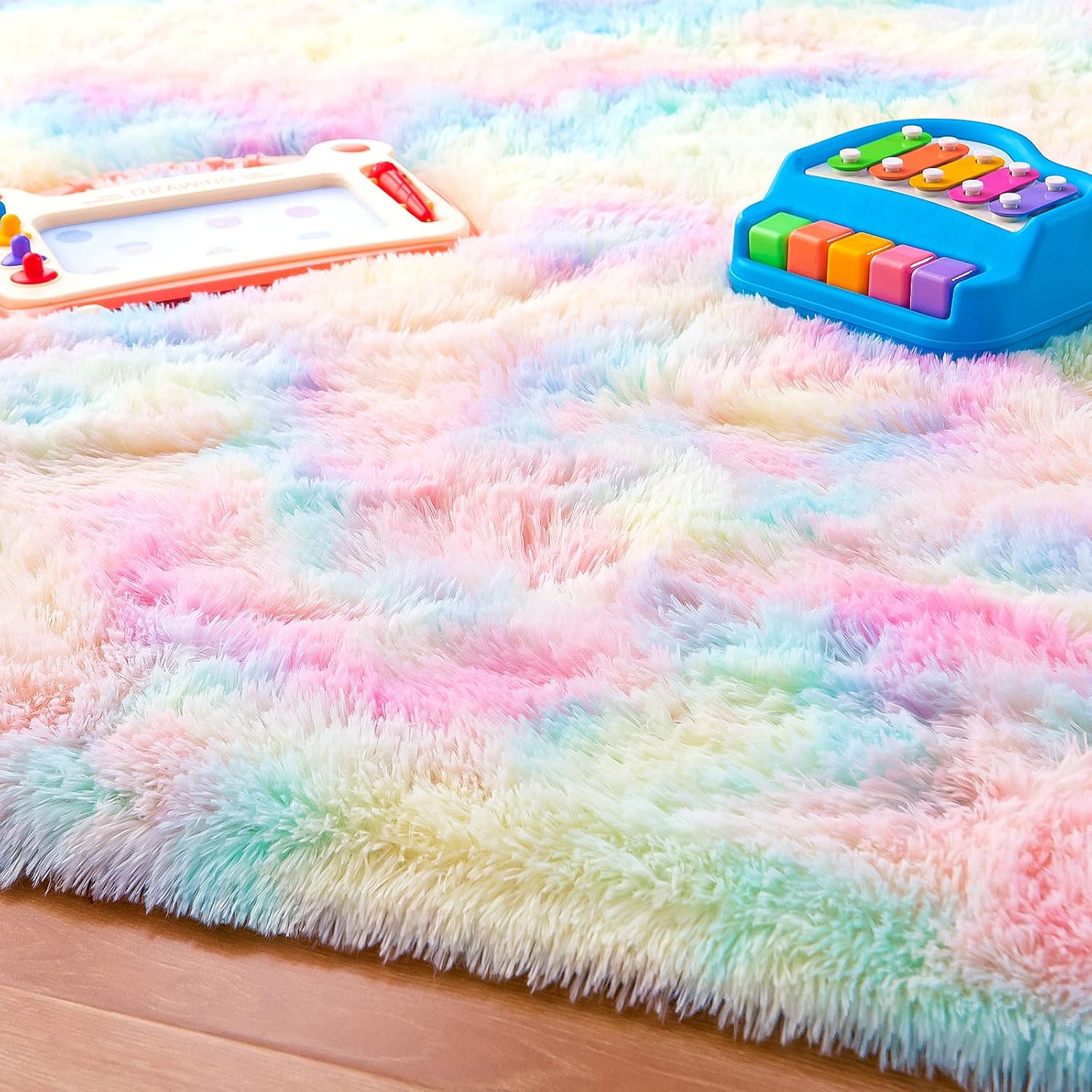 JUNOVO – Alfombras suaves de arcoíris para habitación de niñas, alfombras coloridas y esponjosas para el suelo, alfombra de juego lanuda para niños,