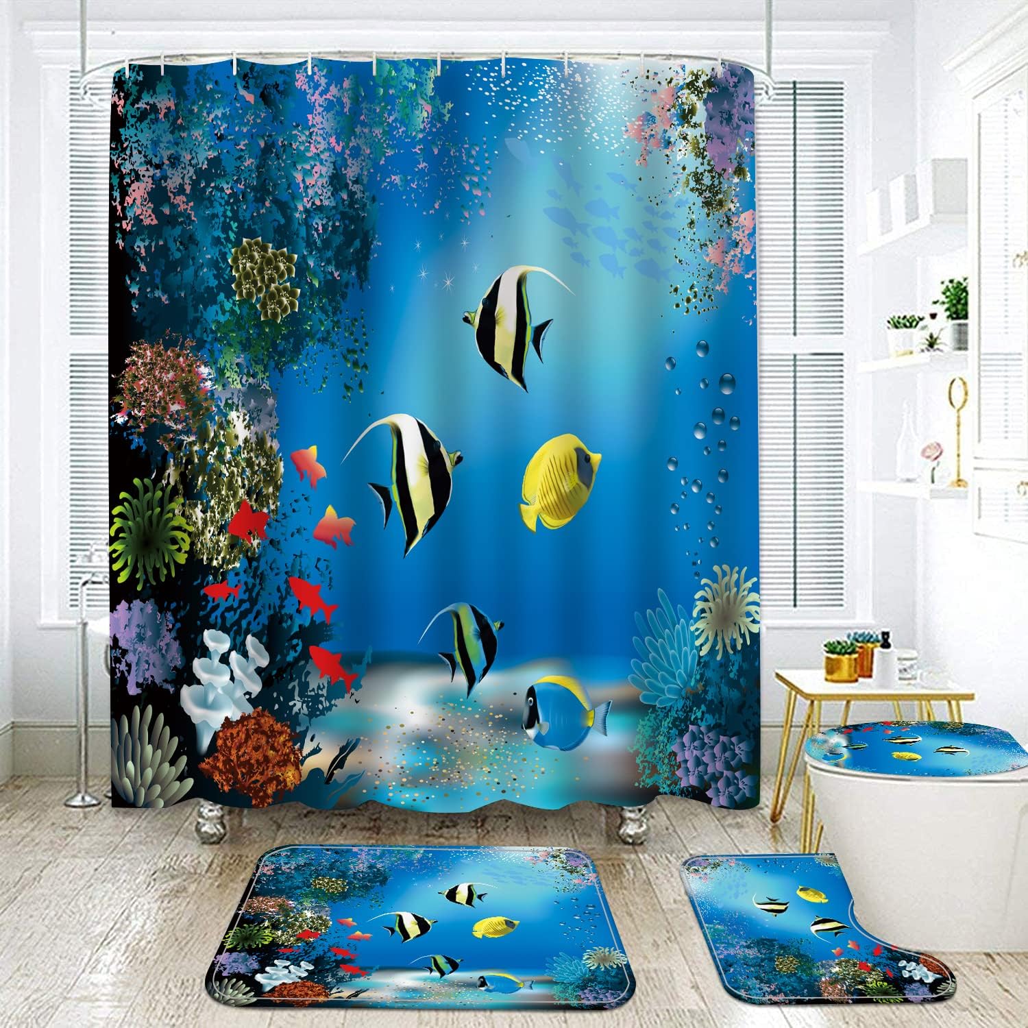 RLHHUG Sea World – Juego de cortinas de ducha con alfombras, cortinas de plástico de 72 x 72 pulgadas para decoración de baño, cortinas decorativas