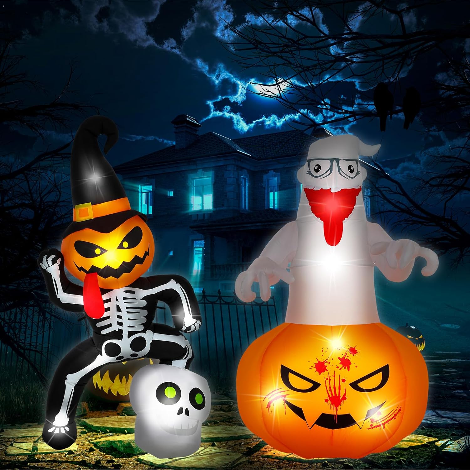 2 piezas inflables de Halloween de 5 pies, decoración de esqueleto de calabaza fantasma, Halloween con luces LED integradas para decoración de