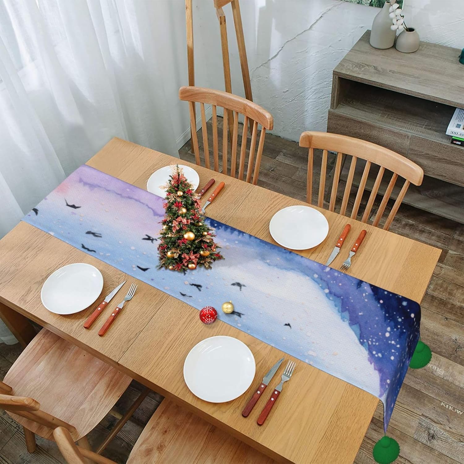 Camino de mesa de Navidad con paisaje de acuarela, decoración de mesa de comedor, decoración de Navidad, decoración de interiores del hogar, caminos