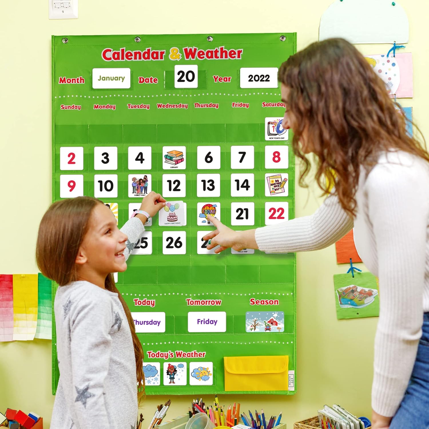 Calendario y tabla de bolsillo para el clima, incluye 4 carteles exclusivos y 142 tarjetas, calendario infantil para aula y educación en el hogar,