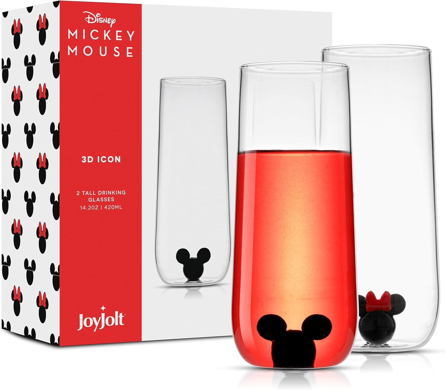 JoyJolt Disney Mickey Mouse, Icon Highball Glass 2 vasos de vidrio para beber. Vasos de 14 onzas de alto para bebidas. Vasos de cóctel, cristalería