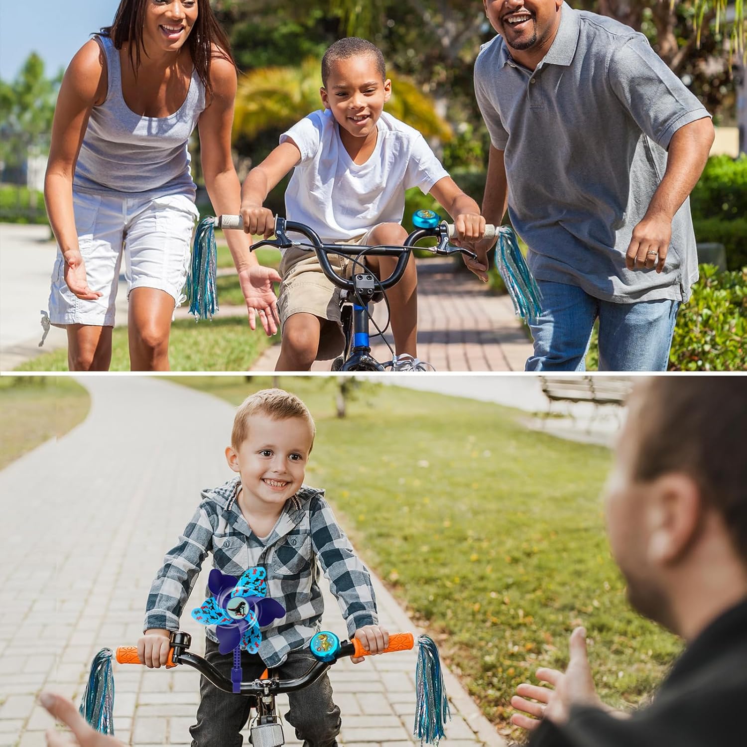 Campana de bicicleta para niños con 2 serpentinas de bicicleta para niñas, molinete de bicicleta para niños y niñas, accesorios de bicicleta para