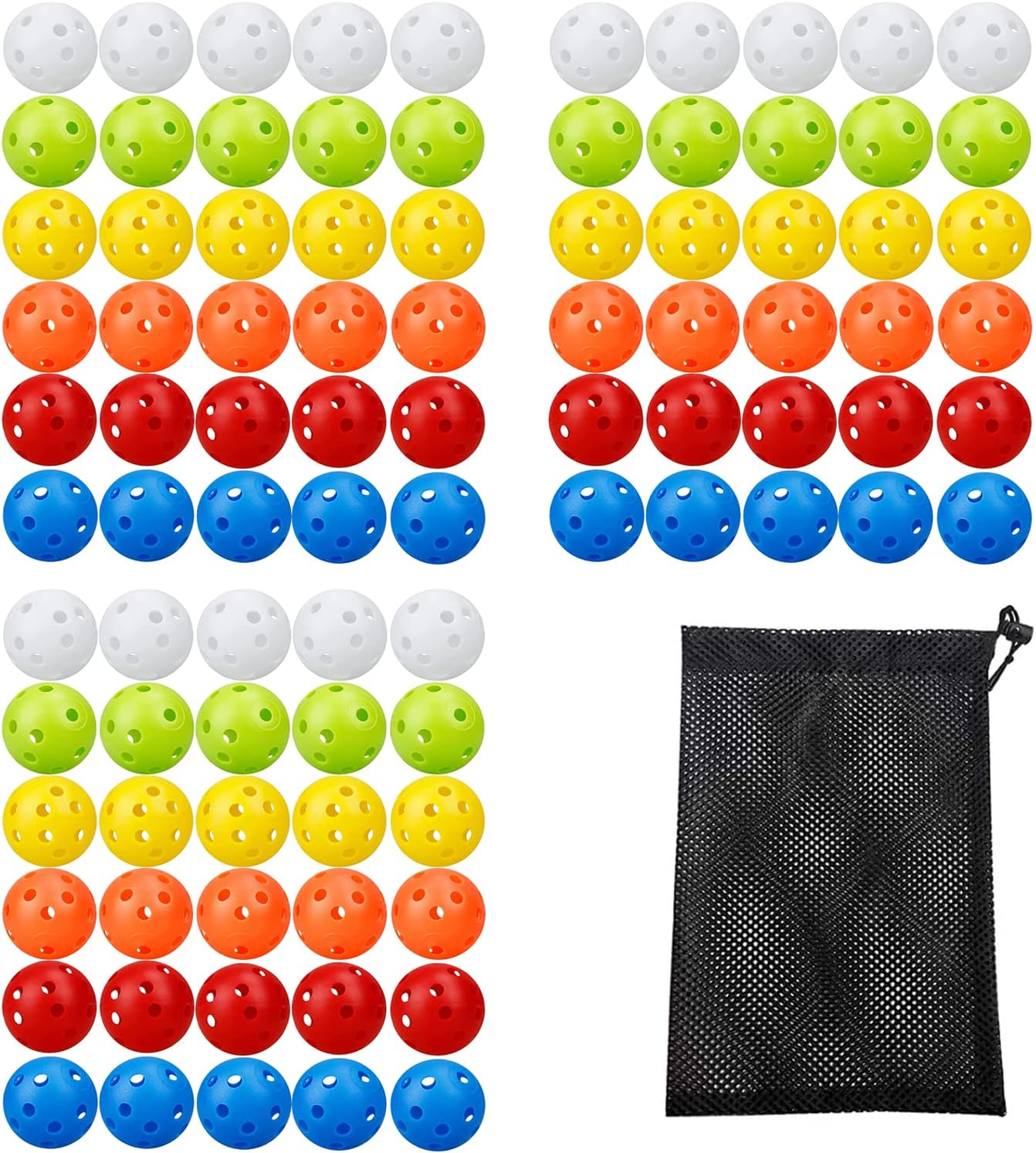 KISEER Paquete de 90 pelotas de golf coloridas de plástico para práctica, flujo de aire, pelotas de golf huecas de entrenamiento con malla de