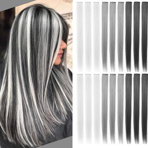 15 extensiones de cabello sintético de colores, multicolor, con reflejos, para fiestas, de 20 pulgadas (negro, gris, blanco, gris, gris claro) 15 extensiones de cabello sintético de colores, multicolor, con reflejos, para fiestas, de 20 pulgadas (negro, gris, blanco, gris, gris claro)