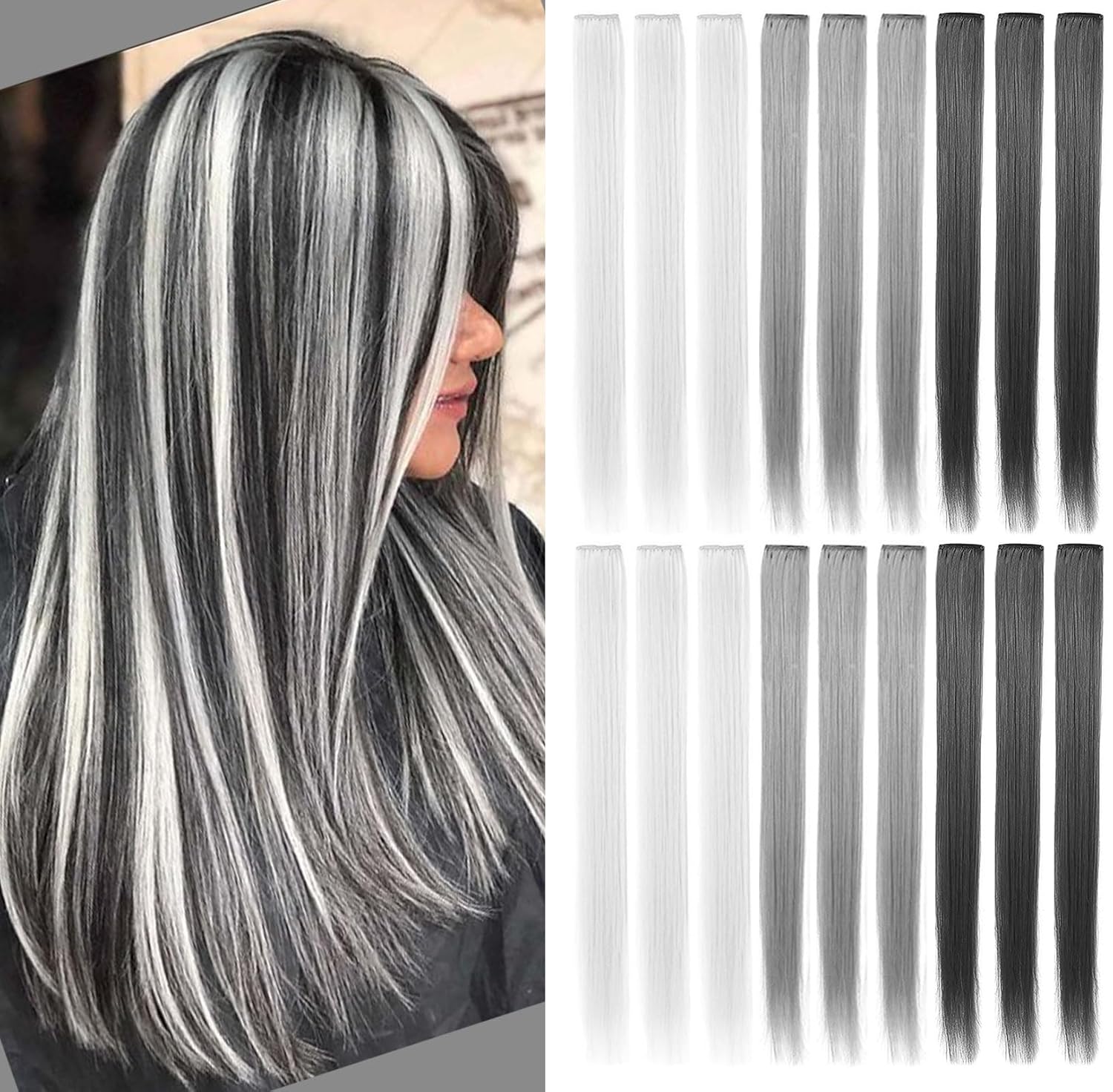 15 extensiones de cabello sintético de colores, multicolor, con reflejos, para fiestas, de 20 pulgadas (negro, gris, blanco, gris, gris claro)
