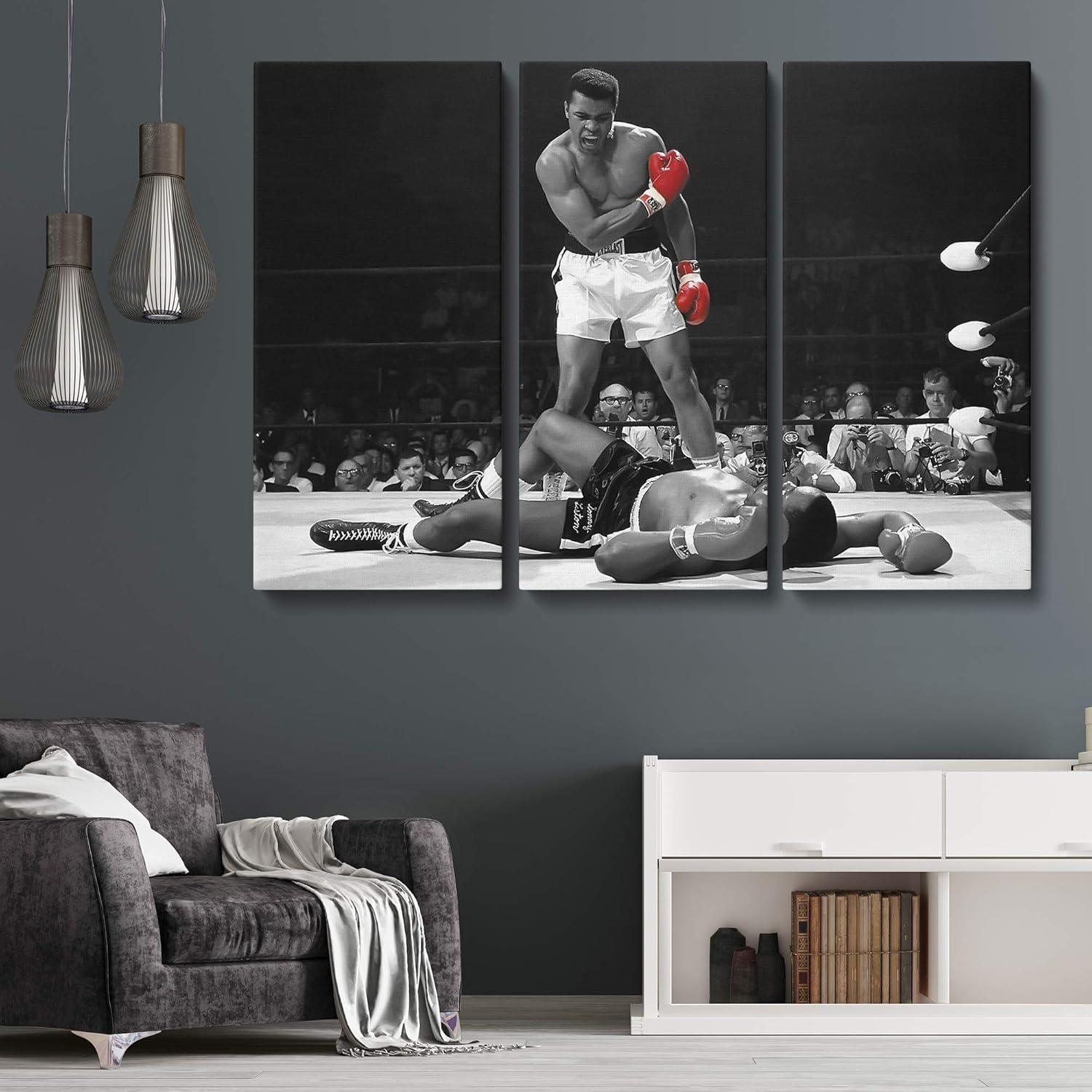 Muhammad Ali vs Sonny Liston – Lienzo decorativo para pared, diseño famoso Knockout para decoración del hogar (3 piezas, mediano)