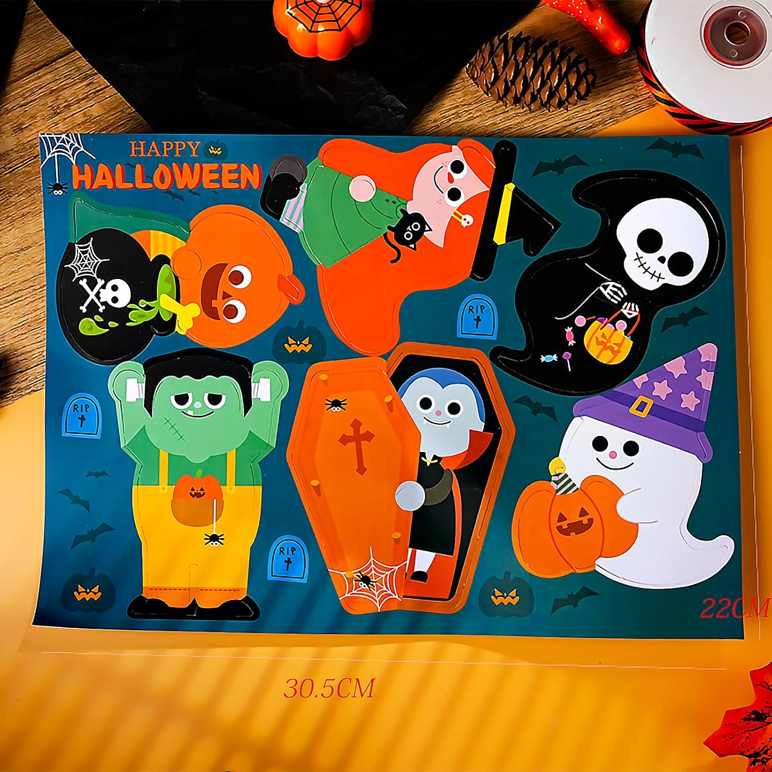 Juego de decoración de dulces de Halloween, 60 bolsas de truco o trato en 3 estilos, 10 tarjetas de papel con bonitas piruletas de estilo de dibujos