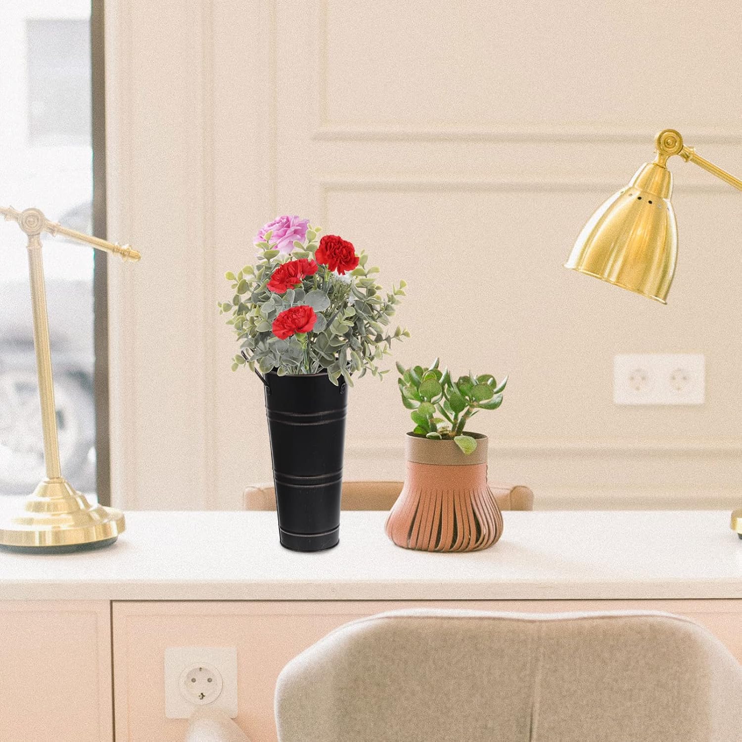 SEWACC Florero de metal galvanizado, estilo retro, de granja, estilo francés, con asa, florero rústico para el hogar, boda (negro)