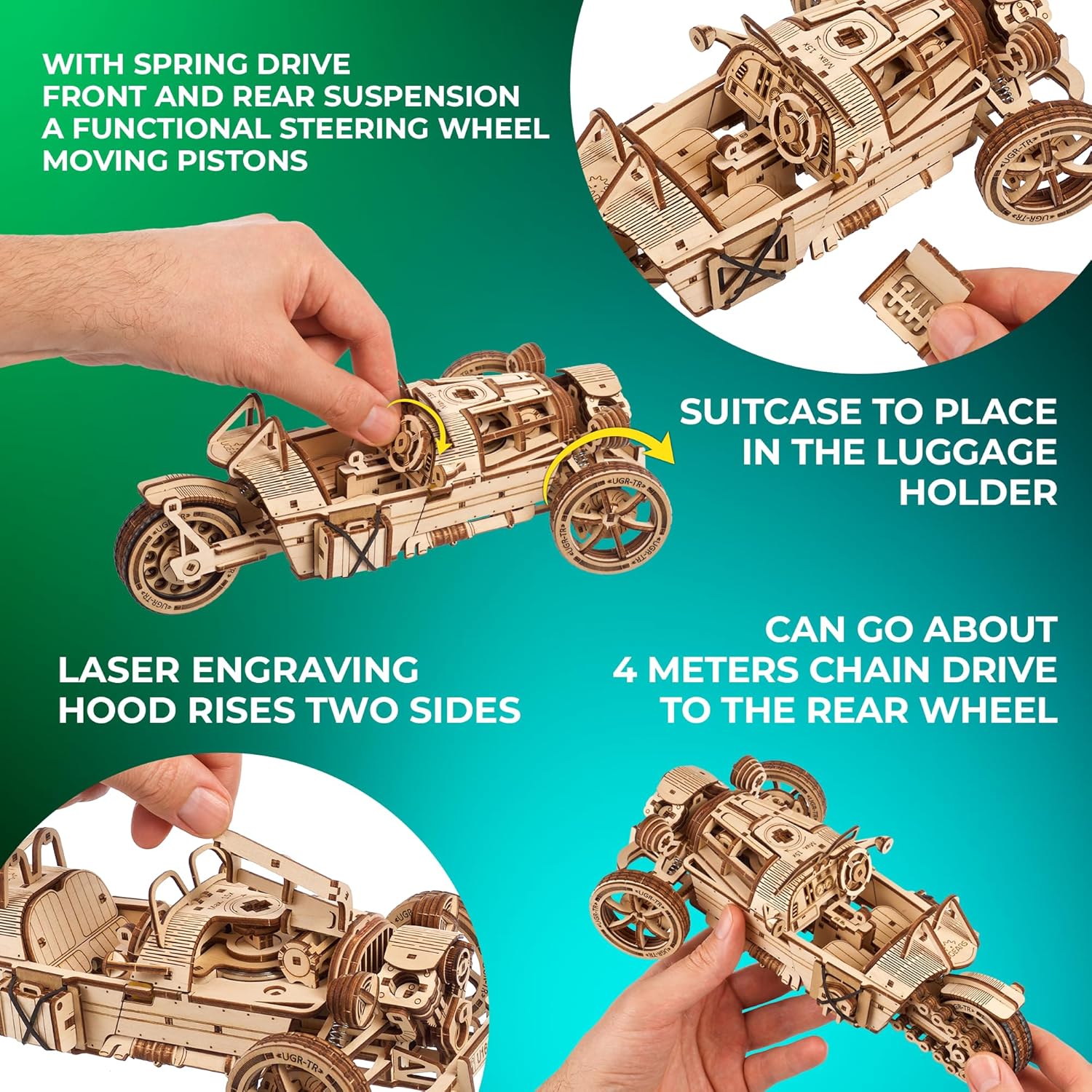Ugears UGR-S de tres ruedas – Kit de modelo de motocicleta de madera – Rompecabezas 3D para adultos – Kits de modelos de madera para construir – Kit