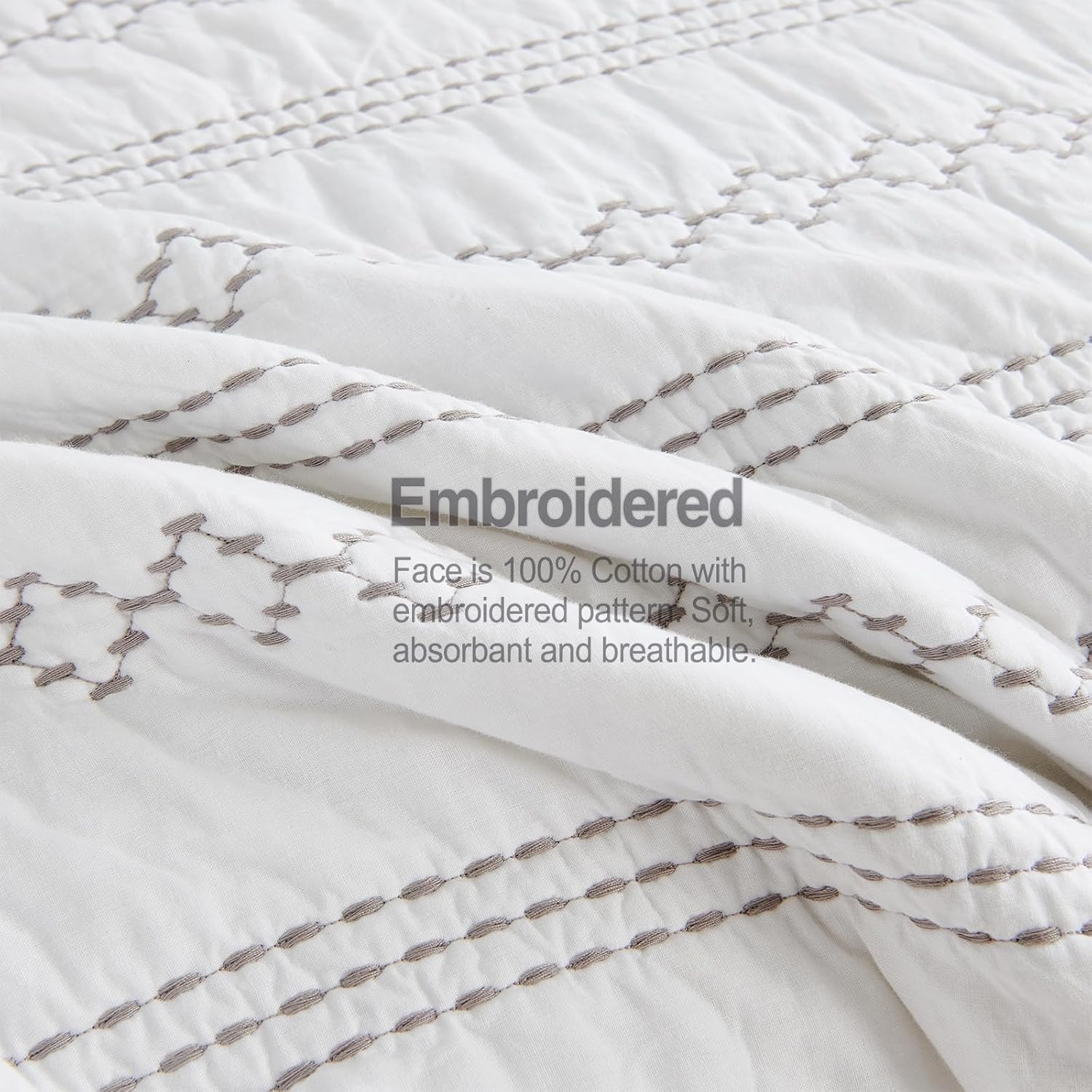 Querencia Colcha de algodón blanco y gris King  Colcha de algodón reversible  Colcha de edredón bordado a rayas de granja, juego de cama de casa de