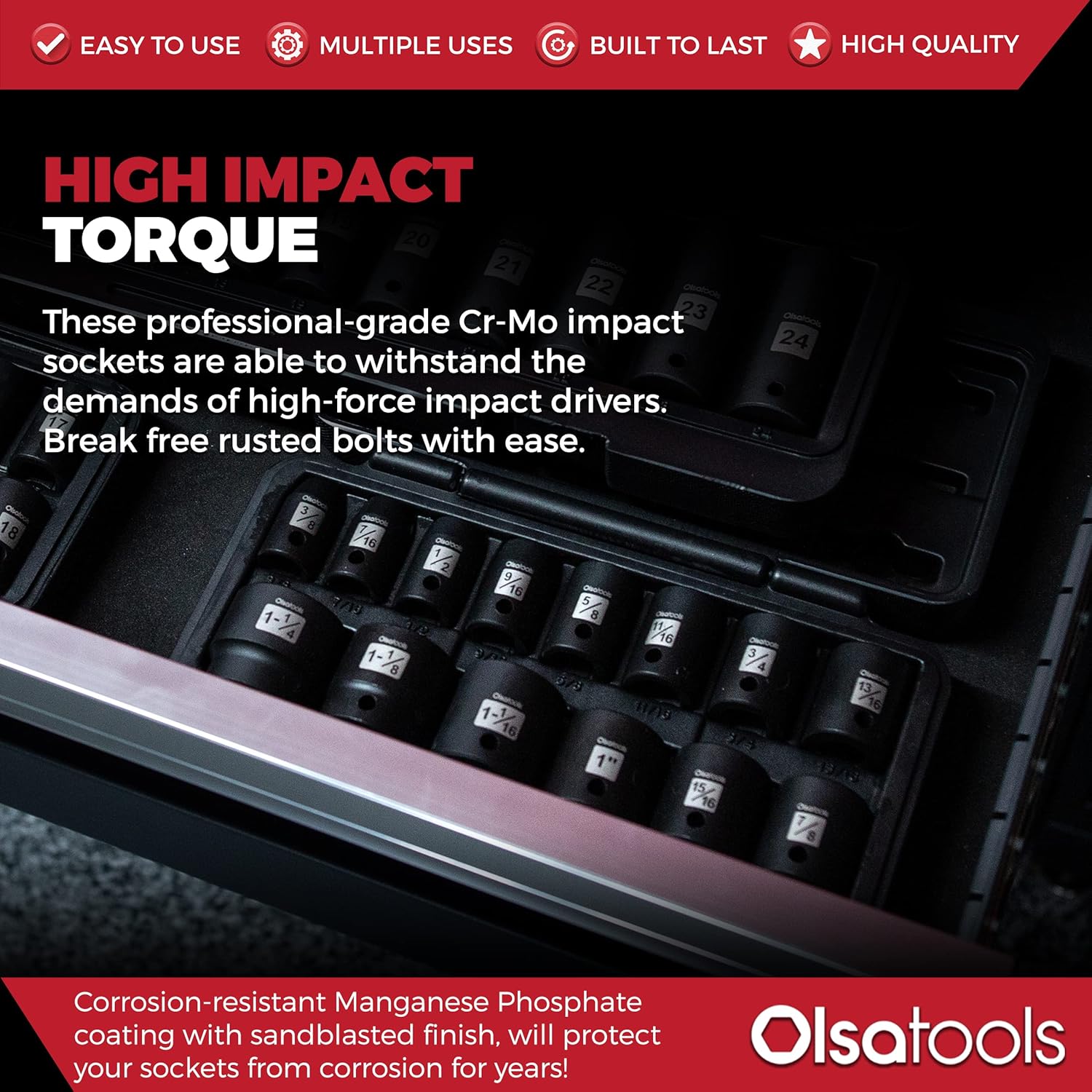 Olsa Tools Juego de dados de impacto poco profundo Cr-Mo de 12 pulgada  CrMo de grado profesional  SAE de 6 puntos  14 piezas de 38 pulgadas a 1-14