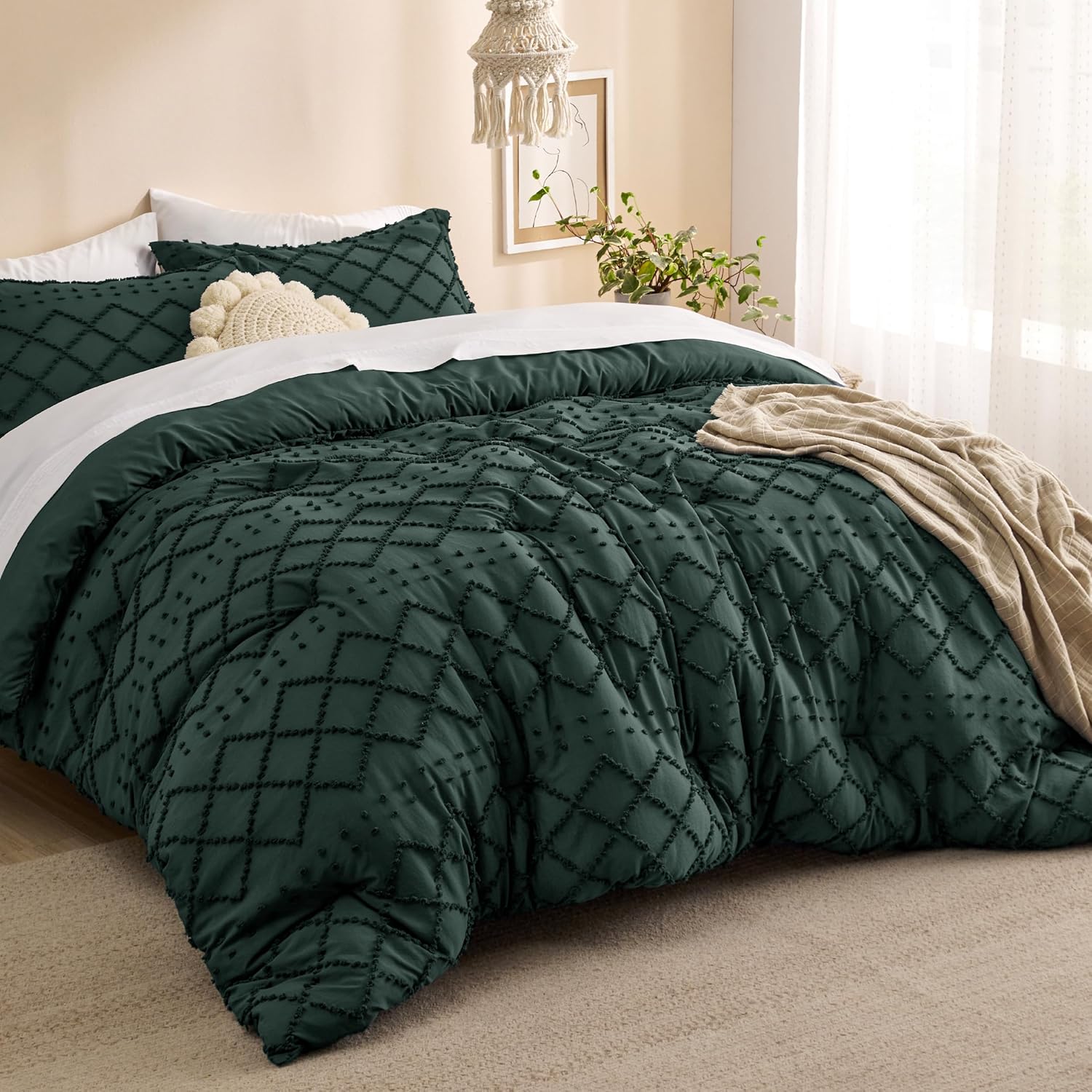 Bedsure Juego de edredón tamaño matrimonial  Edredón verde esmeralda oscuro, juego de edredón bohemio con copetudo, elegante estilo desgastado y