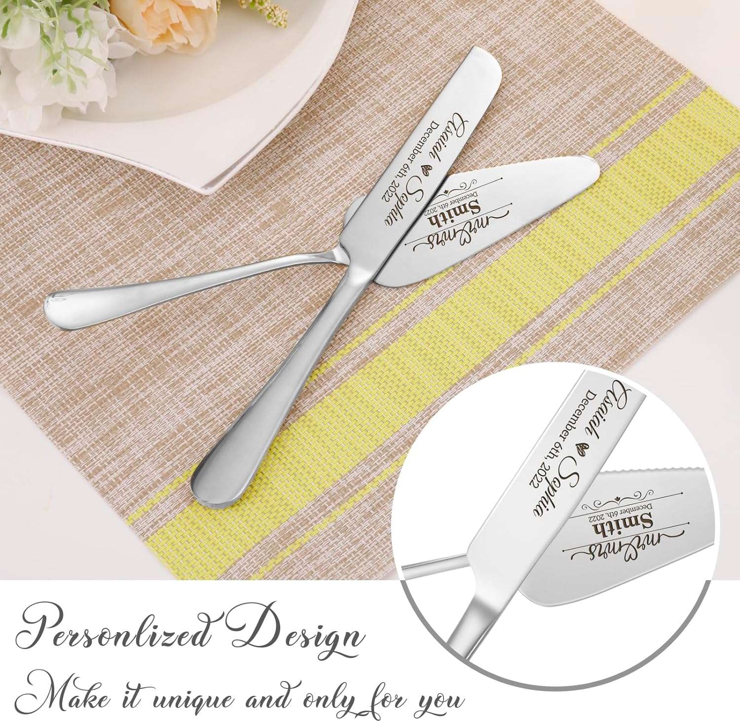 Juego personalizado de corte de pasteles para bodas, juego de cuchillos y servidores de acero inoxidable, cortador de pasteles y servidor de