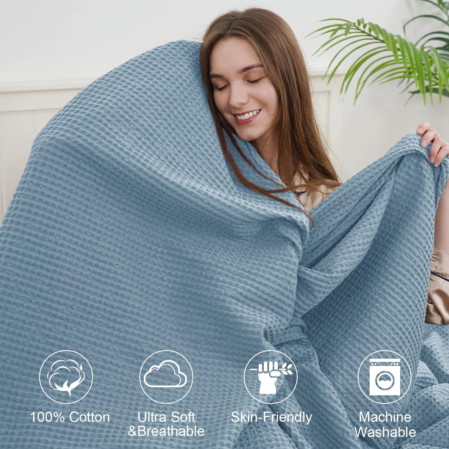 PHF – Manta 100% algodón tejido gofre tamaño individual 66 x 90 pulgadas, manta suave y transpirable prelavada para todas las estaciones, capa