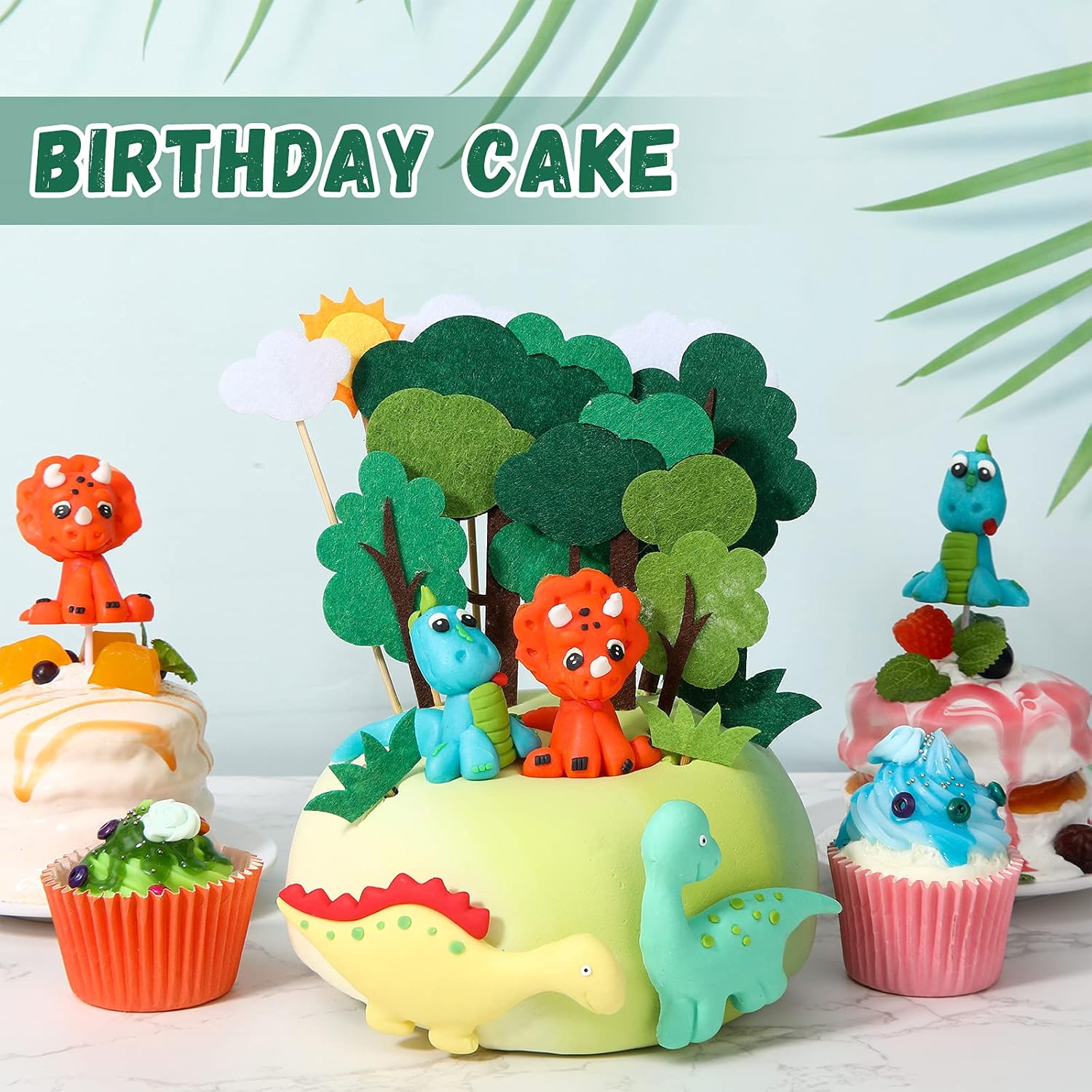 Irenare Decoración para tartas de dinosaurio, serie bosque, decoración de dinosaurios, 16 piezas de dinosaurios de selva y safari, suministros