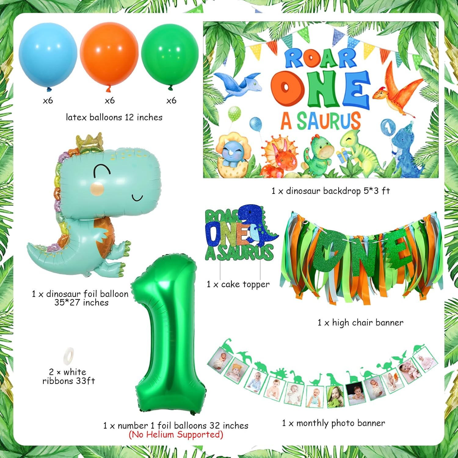 Decoraciones de dinosaurio para el primer cumpleaños de niño  Telón de fondo de rugido, pancarta mensual de dinosaurio para fotos, decoración de