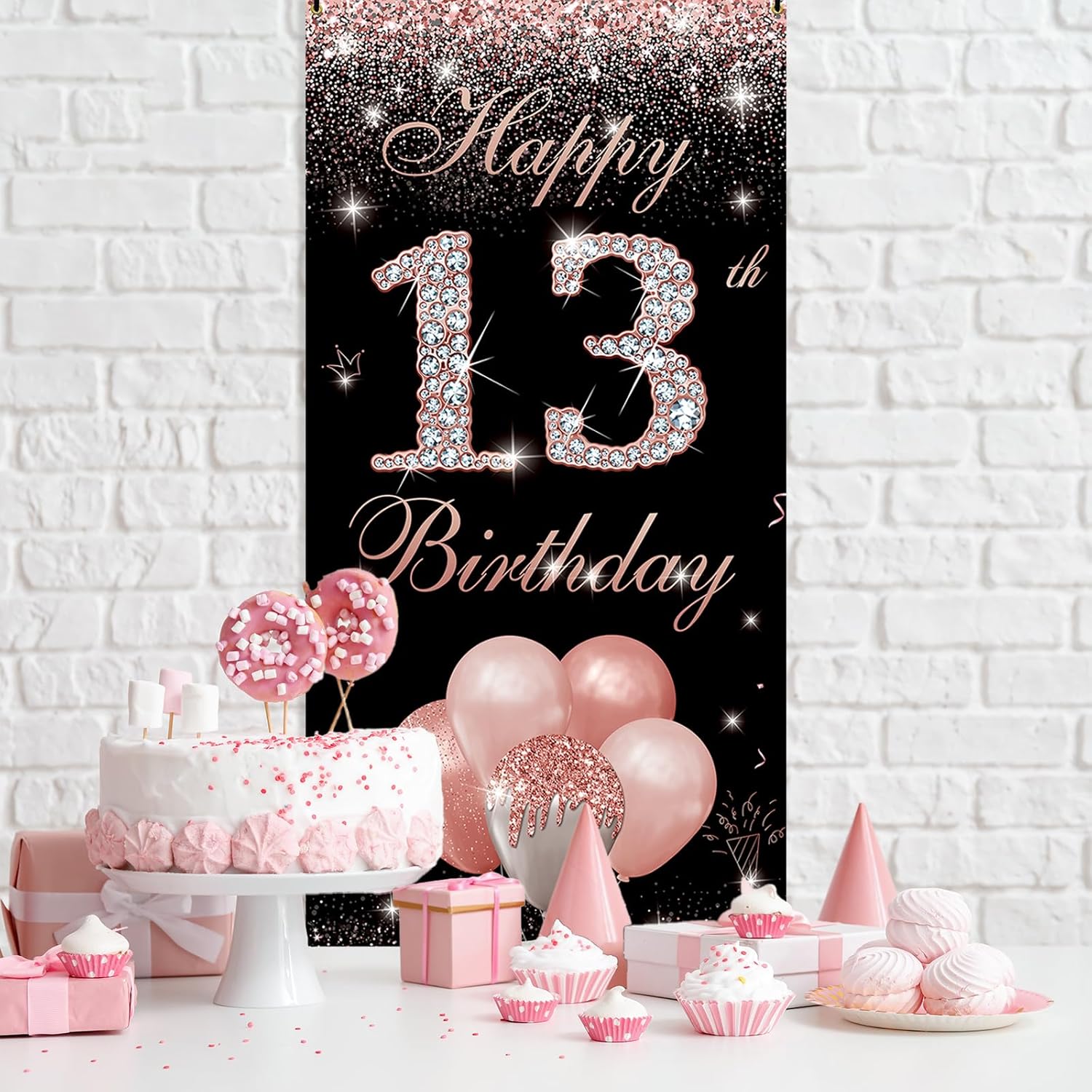 Cartel de telón de fondo para puerta de cumpleaños número 13, color oro rosa, decoración de feliz cumpleaños número 13 para niñas, cartel de tela