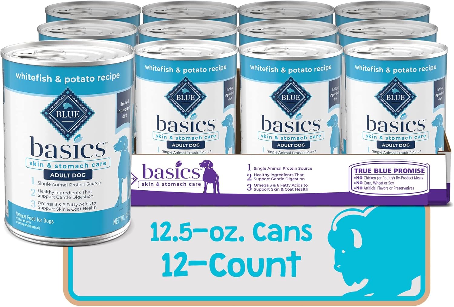 Blue Buffalo Basics Skin & Stomach Care, alimento húmedo natural para perros adultos, sin granos, latas de pescado blanco, latas de 12.5 onzas