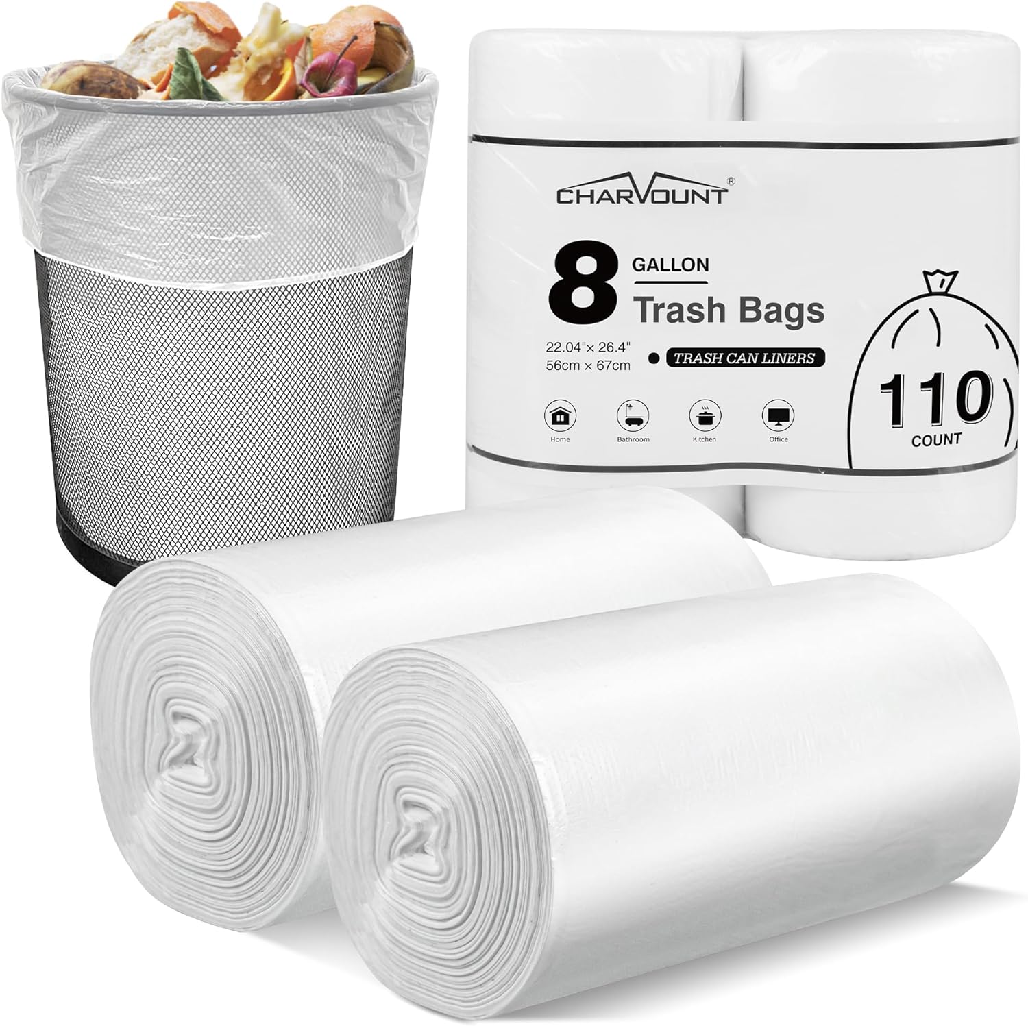 Charmount Bolsas de basura de 8 galones, 110 bolsas de basura medianas para baño, cocina, oficina, transparentes, sin perfume