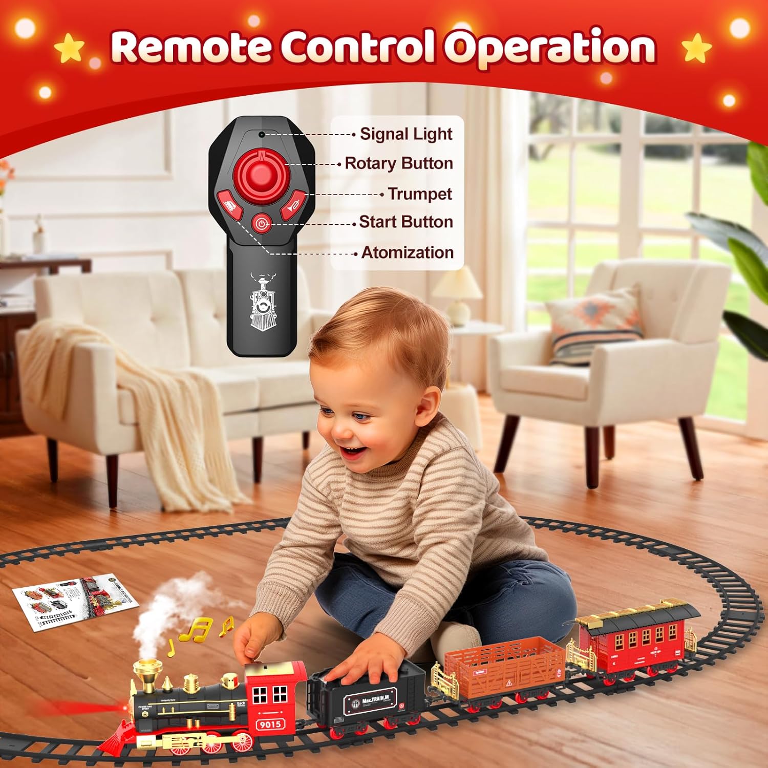 Hot Bee Juego de tren con control remoto de juguetes de tren con humo, luces y sonido, tren de juguete con locomotora de vapor, vagones de carga y