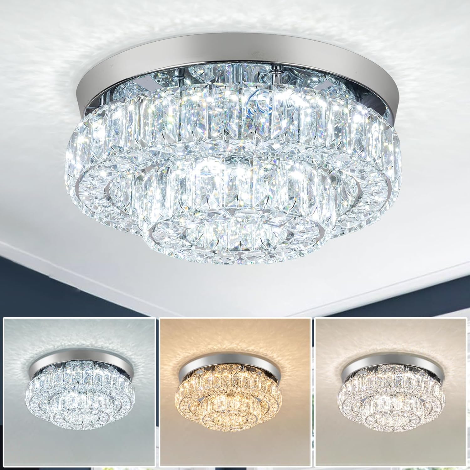 HongnuoFc Candelabro LED de 11.8 pulgadas, lámpara de techo de cristal de 2 capas con control remoto, lámpara de araña de montaje empotrado para
