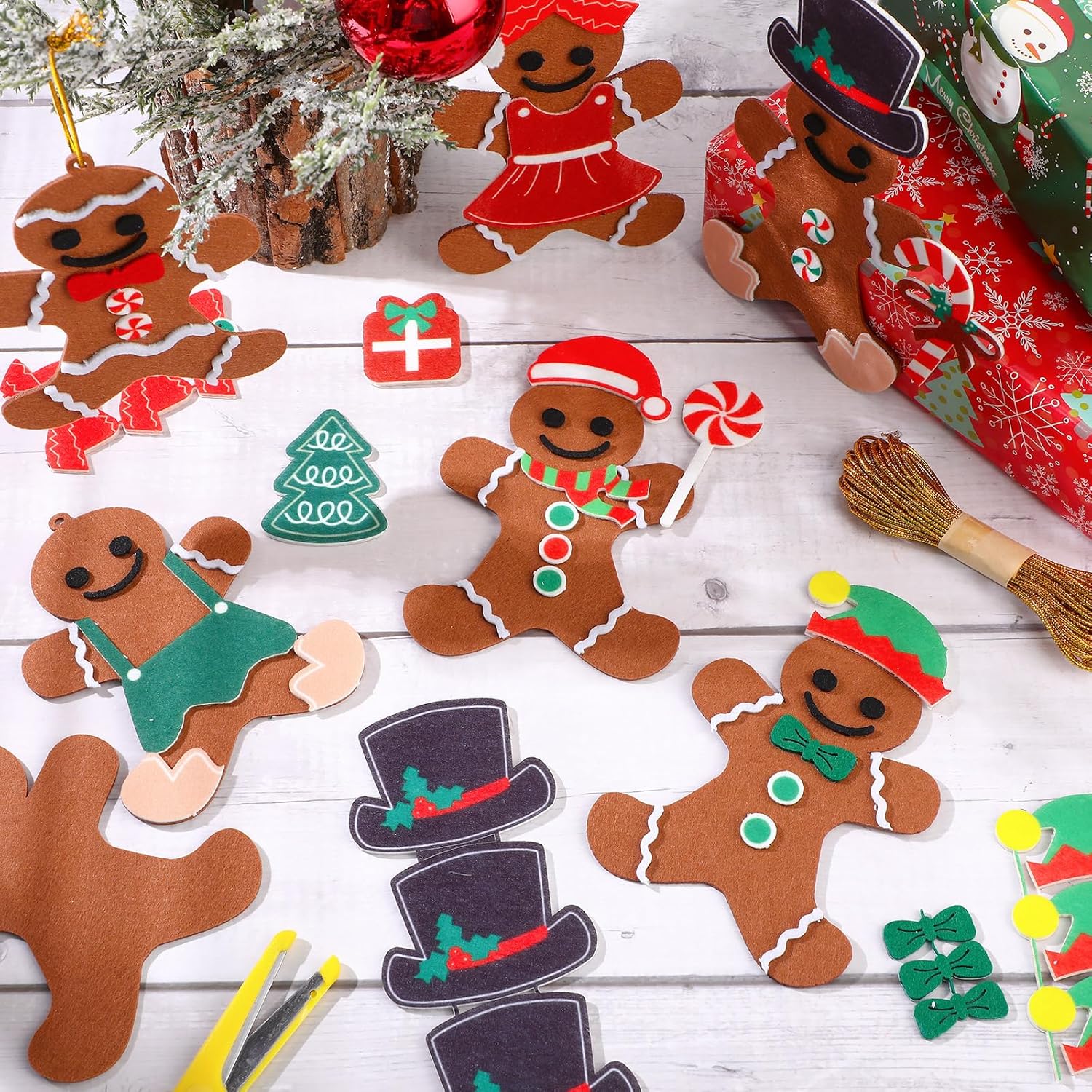 48 piezas de fieltro de Navidad de hombre de jengibre para niños, adorno de hombre de jengibre para hombre, pan de jengibre, colgar con hojas