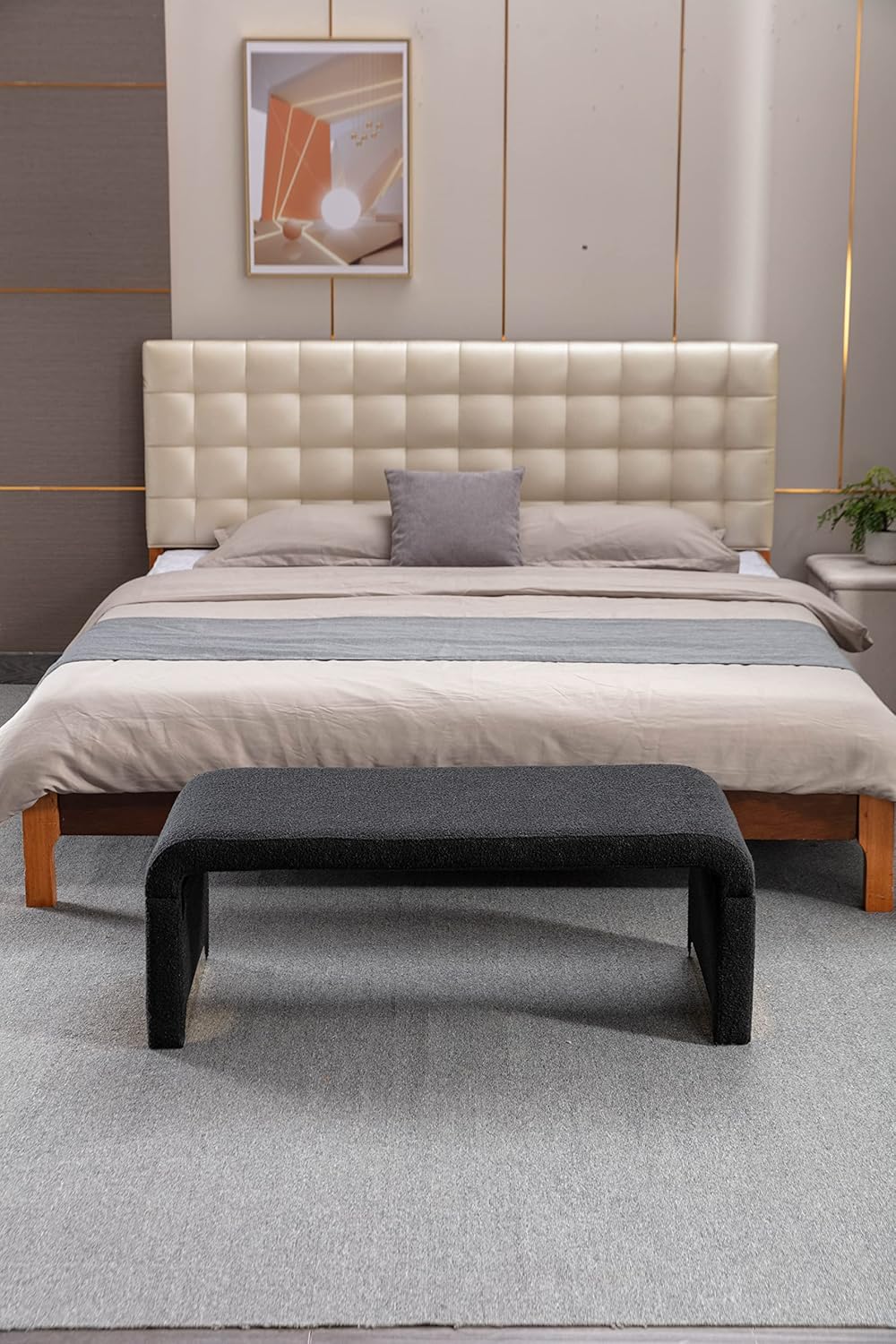 Banco de tela Boucle con reposapiés otomano para dormitorio, banco de zapatos con patas de metal dorado, color negro