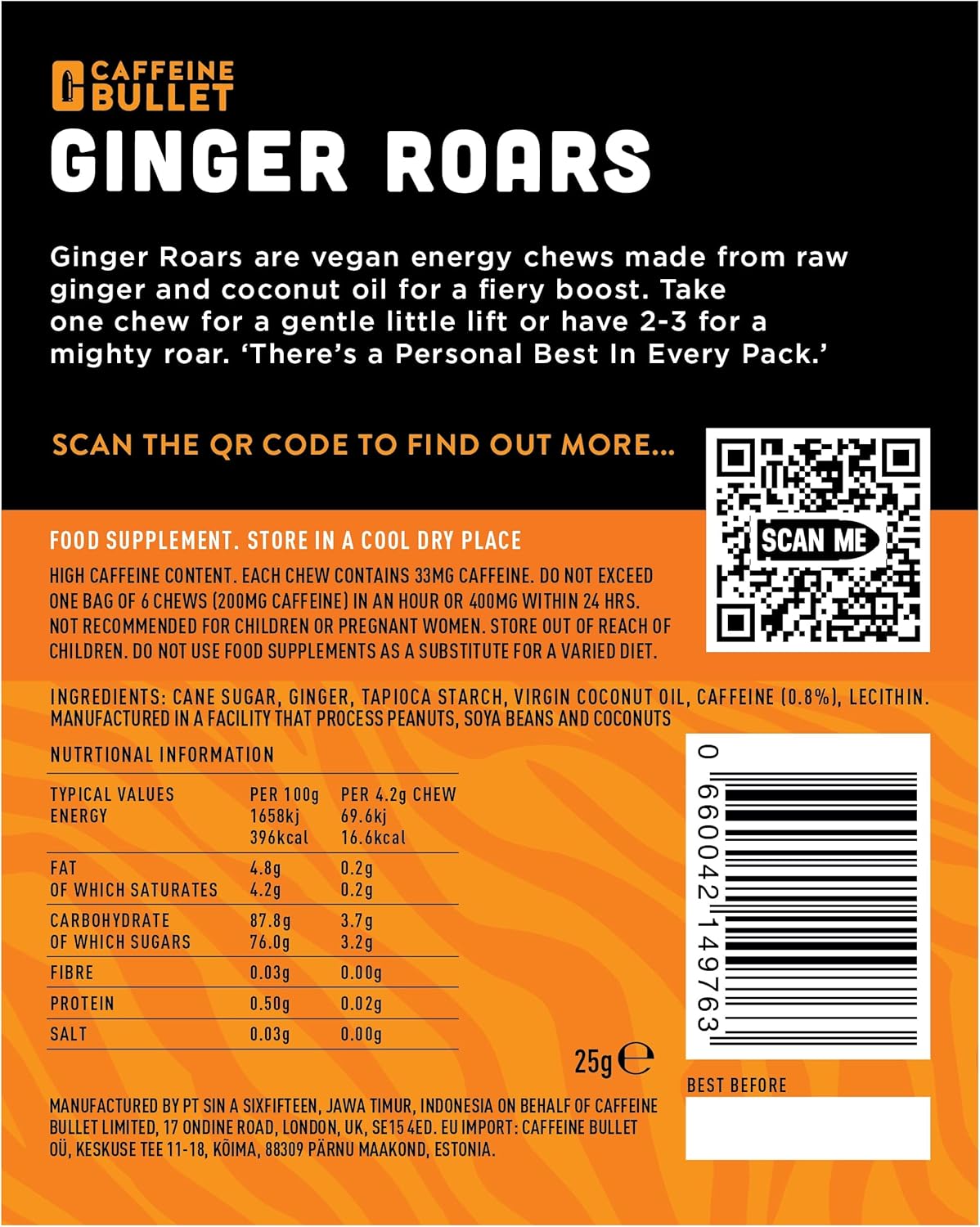Ginger Roars – Masticables con cafeína y jengibre, 36 caramelos de cafeína cada uno de 33 mg de cafeína con un delicioso sabor natural de miel y
