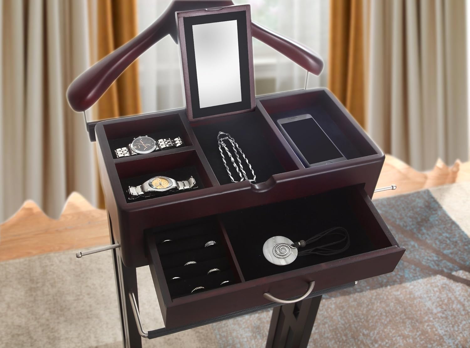Proman Products Norstar VL16245 – Soporte de valet para traje con colgador desmontable, barra de pantalones, barras de corbata, bandeja de espejo y