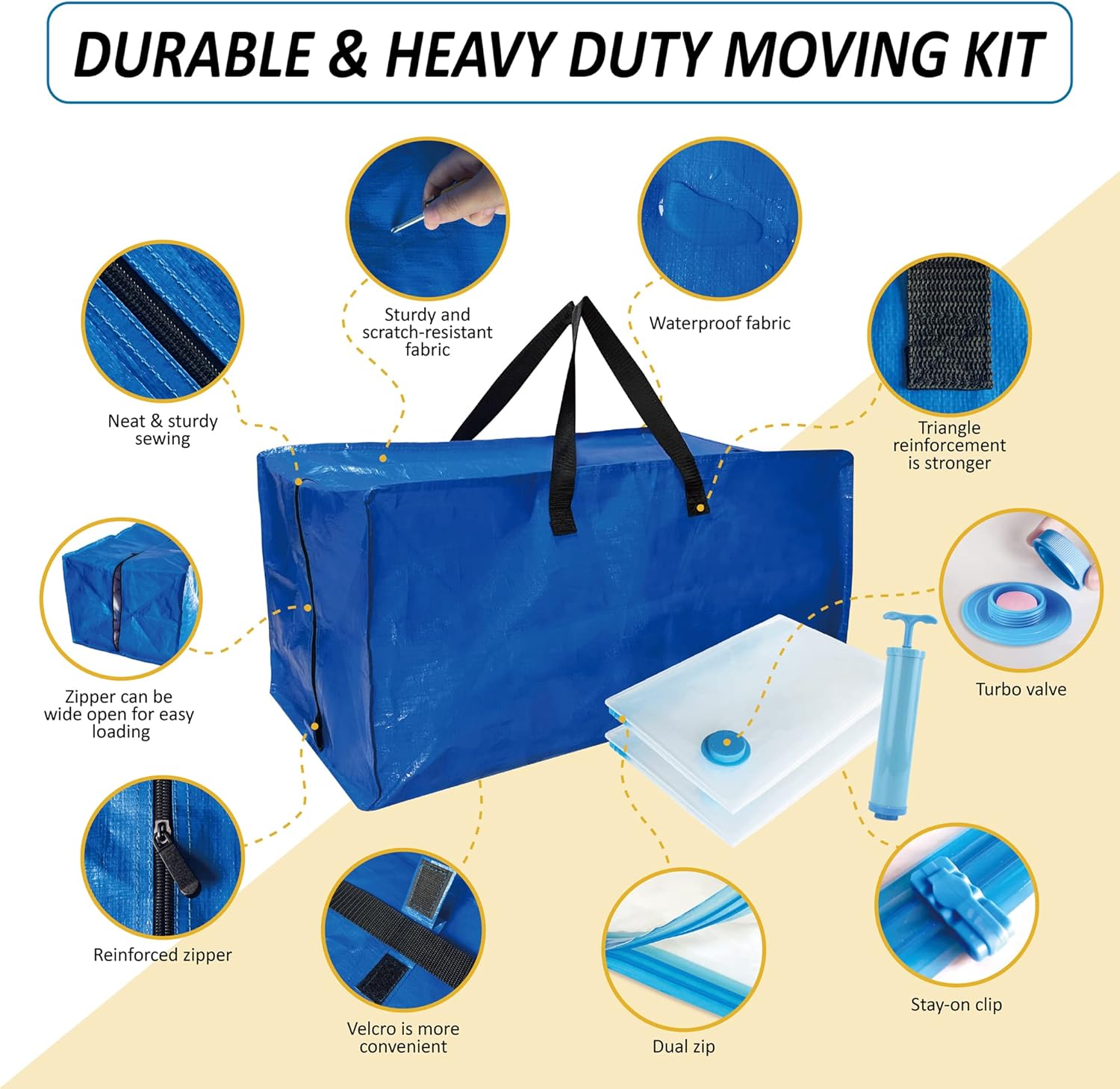 Paquete de 4 bolsas de mudanza extra grandes resistentes con correas de mochila y suministro de almacenamiento al vacío, asas y cremalleras para