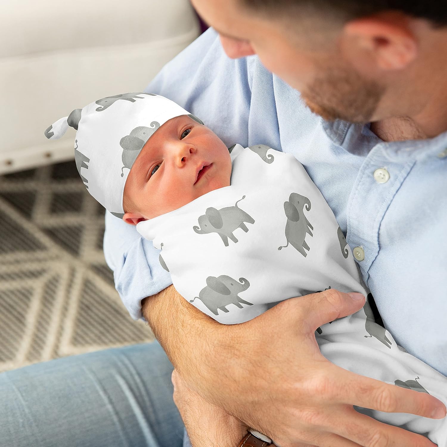 Sweet Jojo Designs Elephant Safari – Conjunto de capullo y gorro para bebé, saco de dormir de punto elástico para bebé, recién nacido, saco de
