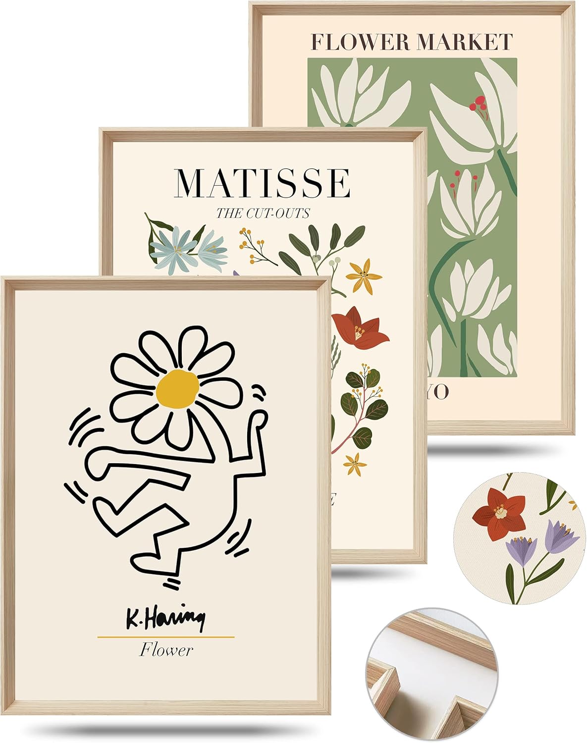 Arte abstracto de Matisse para pared de dormitorio, 11.8 x 15.7 in, diseño enmarcado de madera, flores verdes, póster para sala de estar, baño,